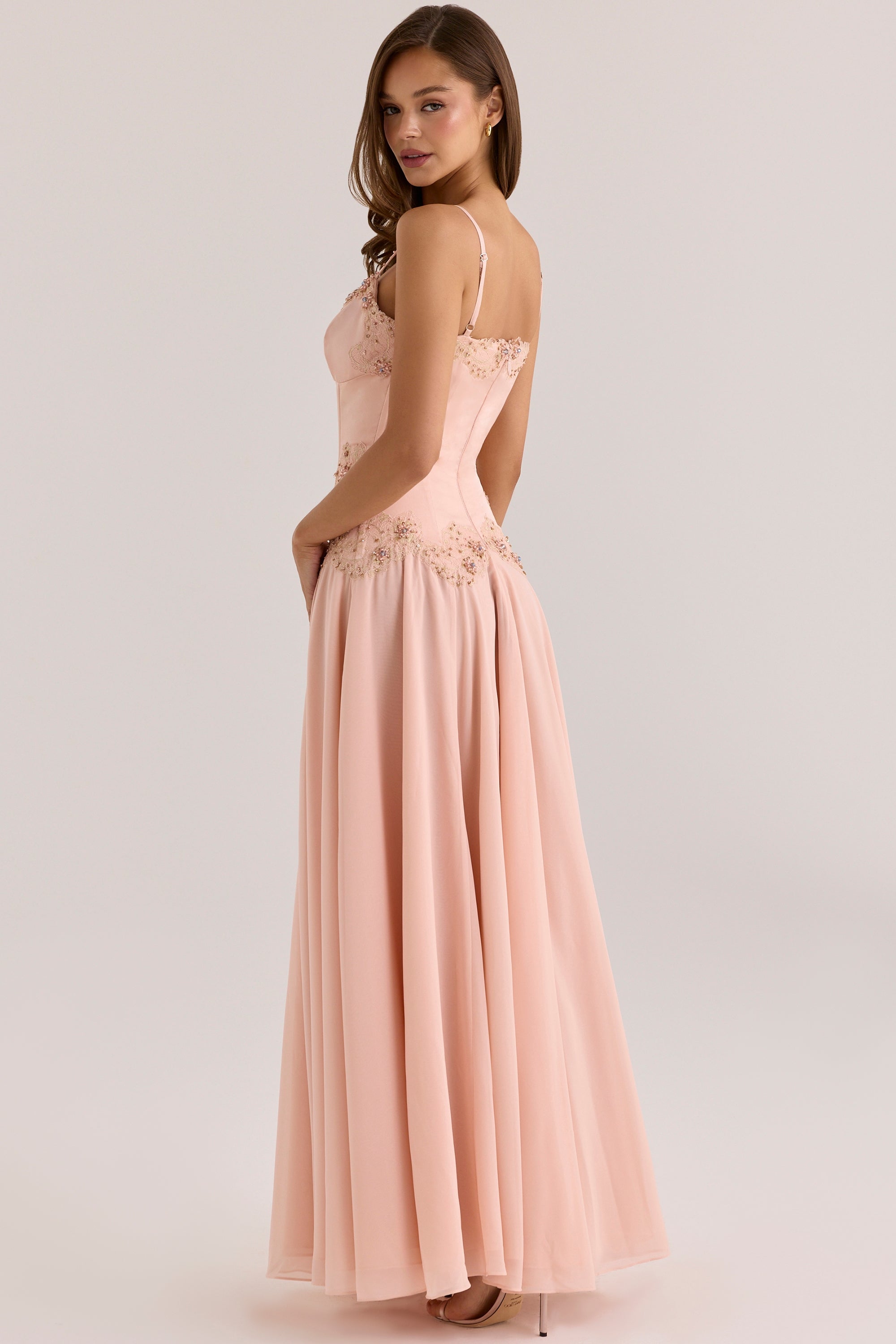 Saloma Blush Satin Custom Hand Beaded Embellished Maxi Dress - Limited Edition