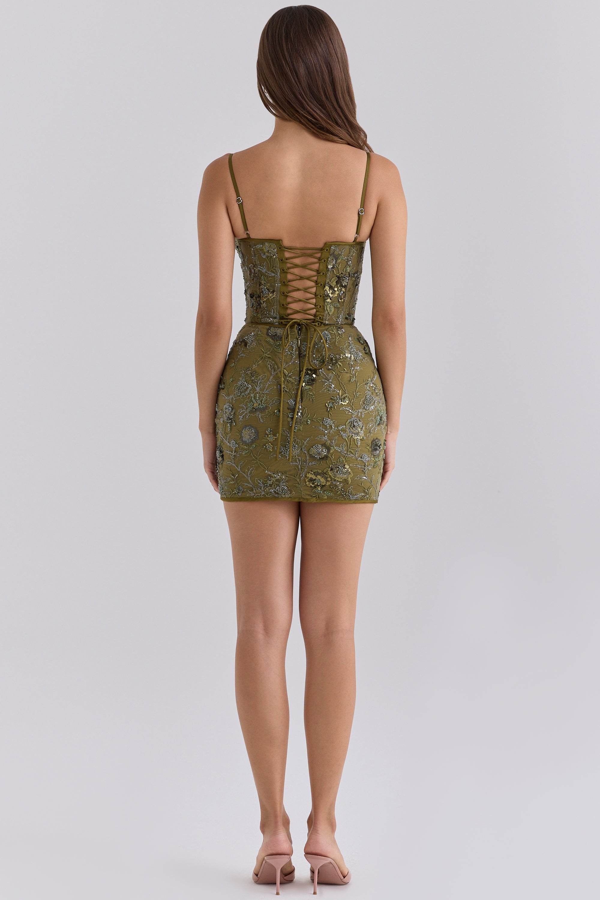 Naima Olive Hand Beaded Embellished Corset Mini Dress