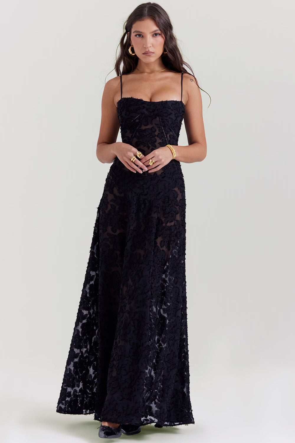 Seren Retro black printed long dress