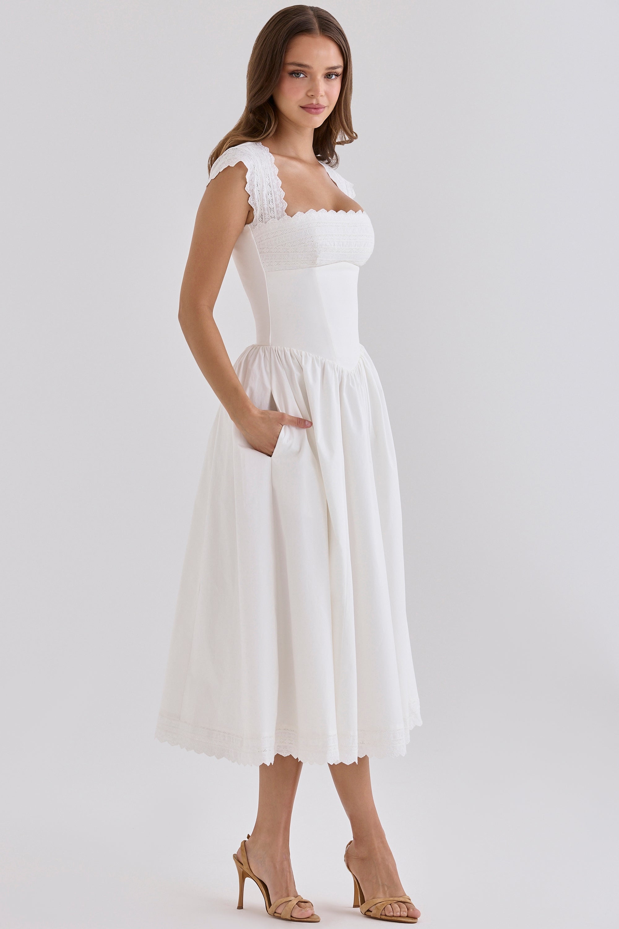 Fiorella White Cotton Broderie Anglaise Trim Midi Sundress