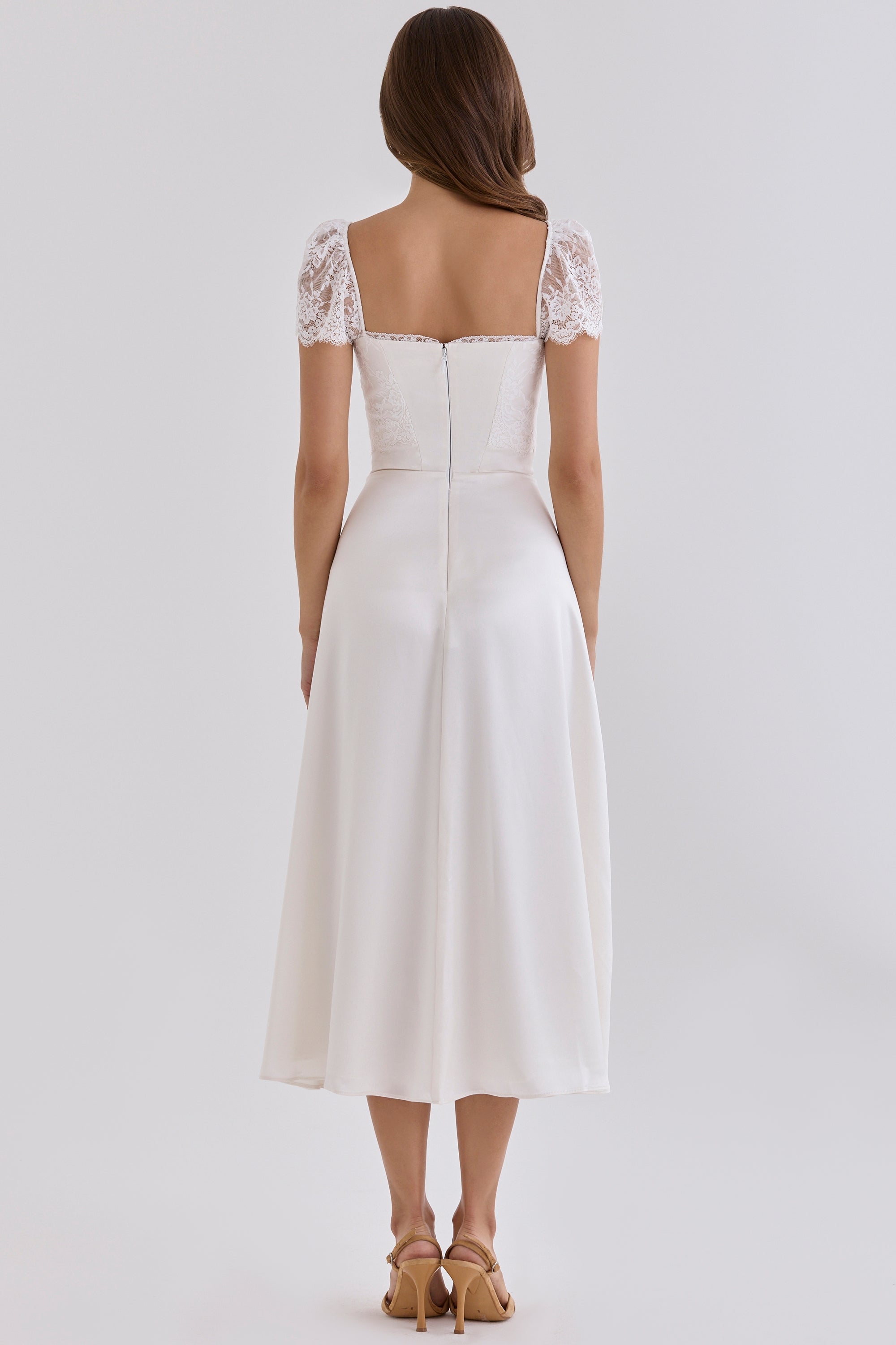 Selena White Satin + Lace Midi Dress