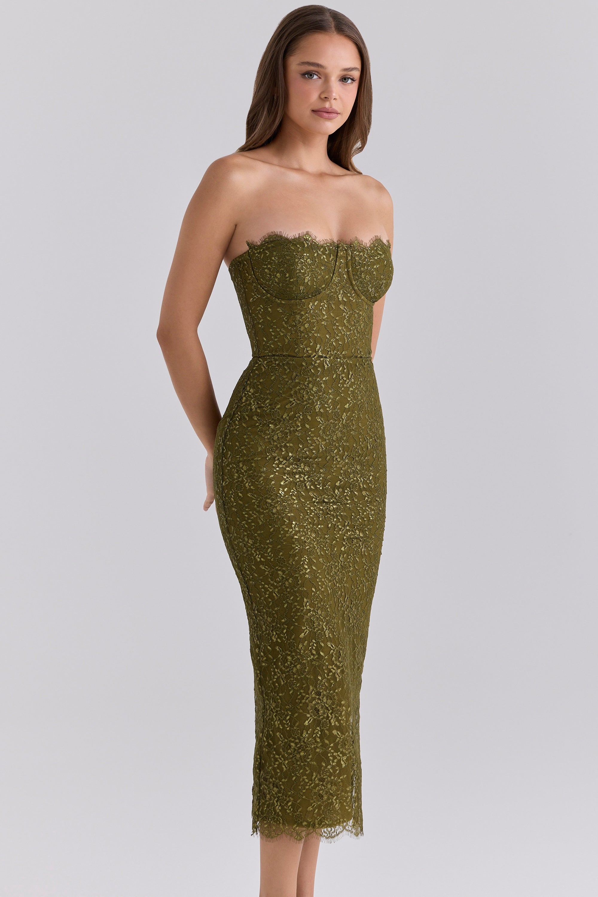 Alexia Olive Metallic Lace Strapless Midi Dress