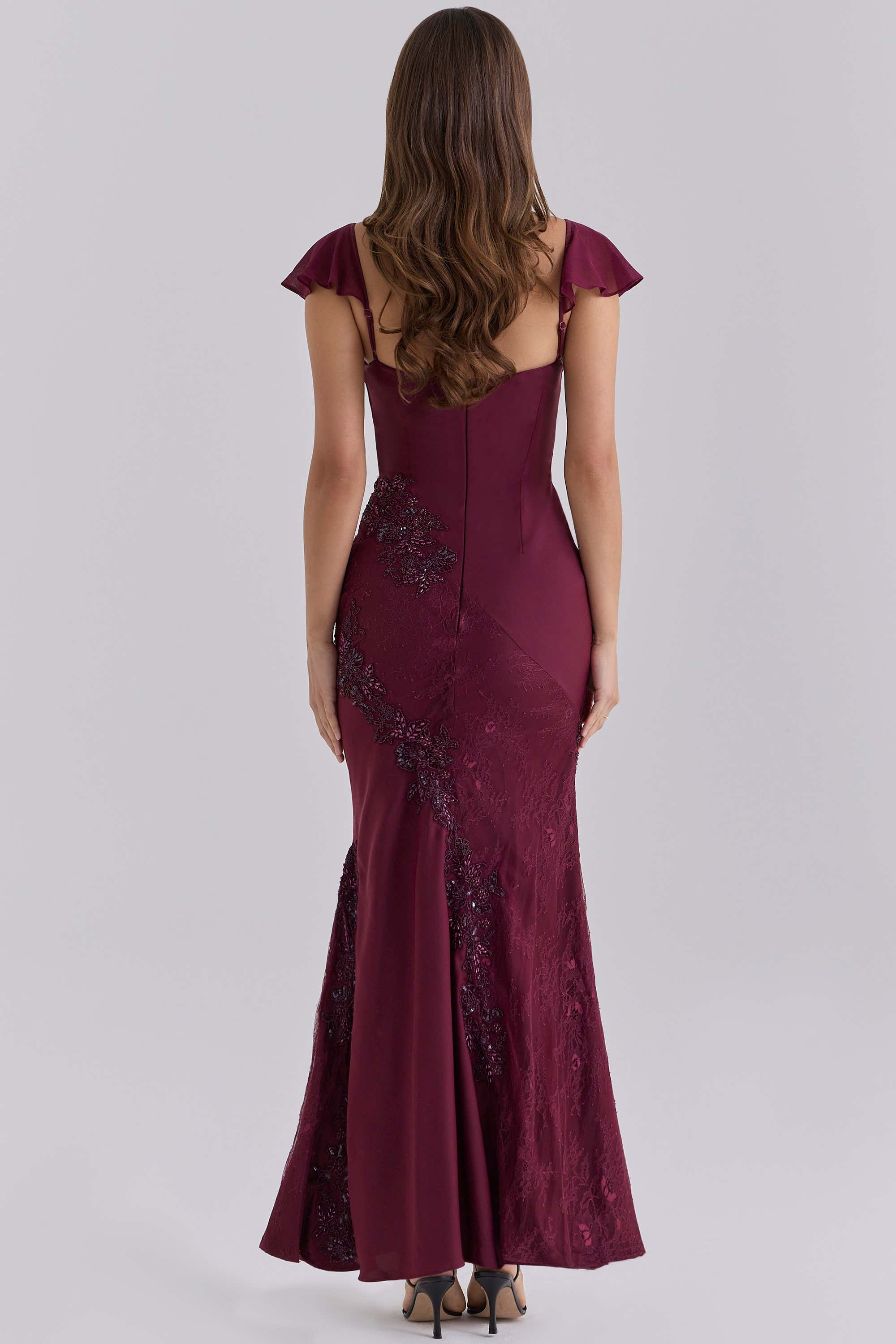 Sevrine Cabernet Satin Custom Hand Embellished Maxi Dress