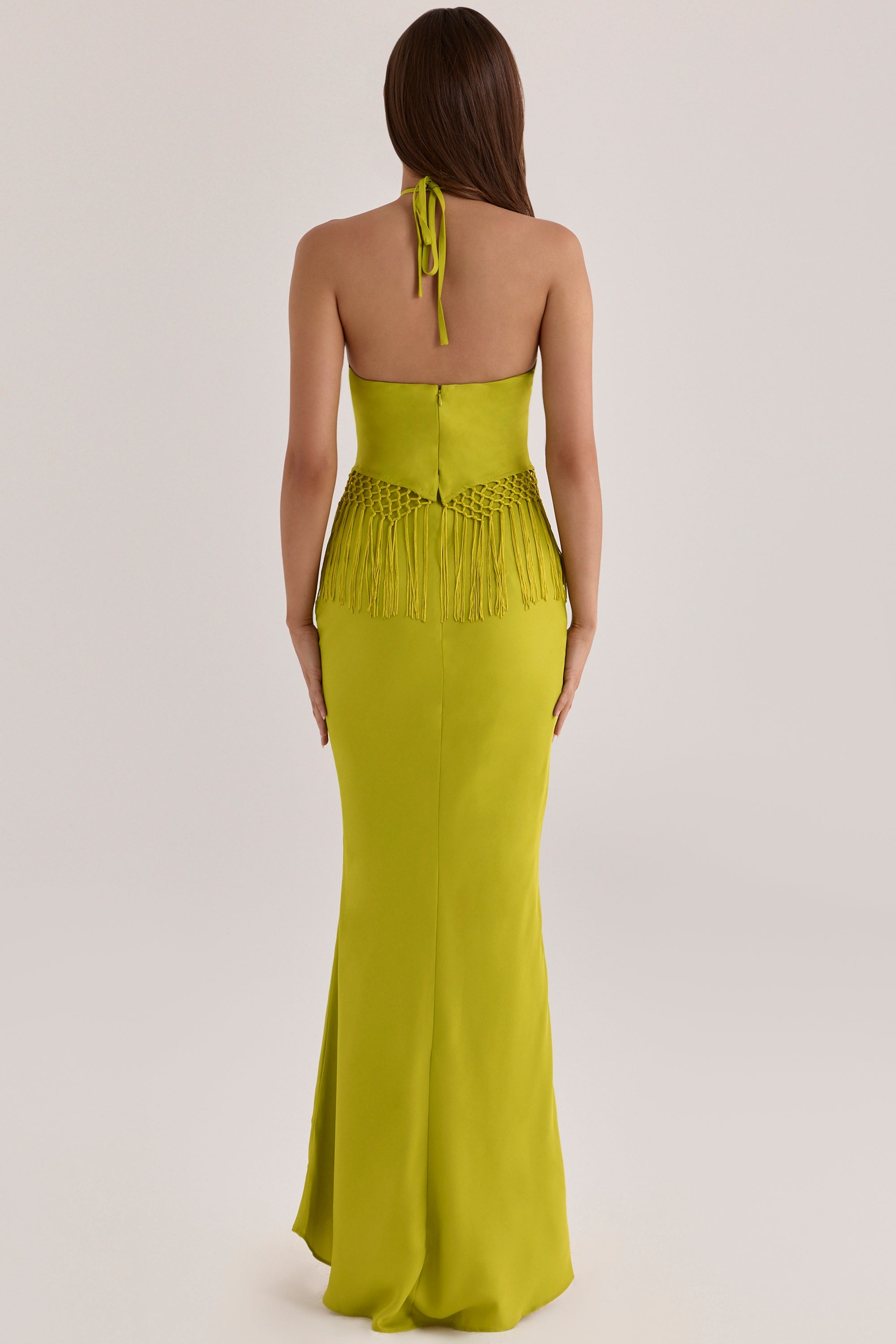 Sareena Chartreuse Satin Custom Embellished Fringed Maxi Dress - Limited Edition