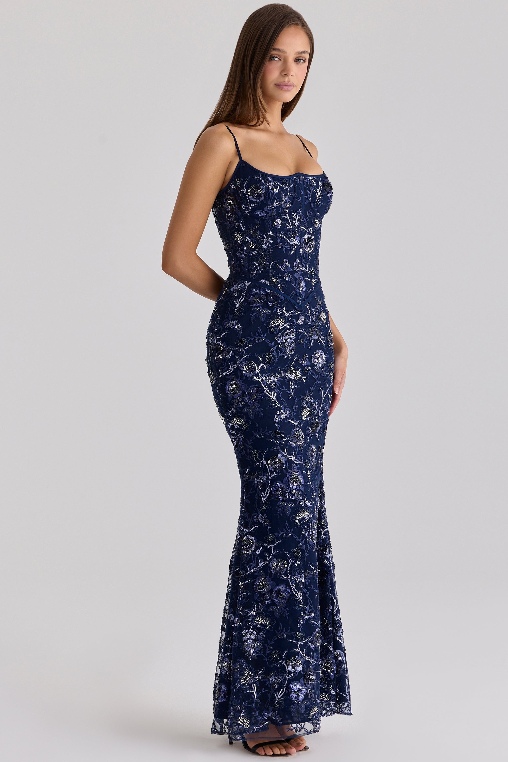Naima Navy Hand Beaded Embellished Corset Maxi Dress