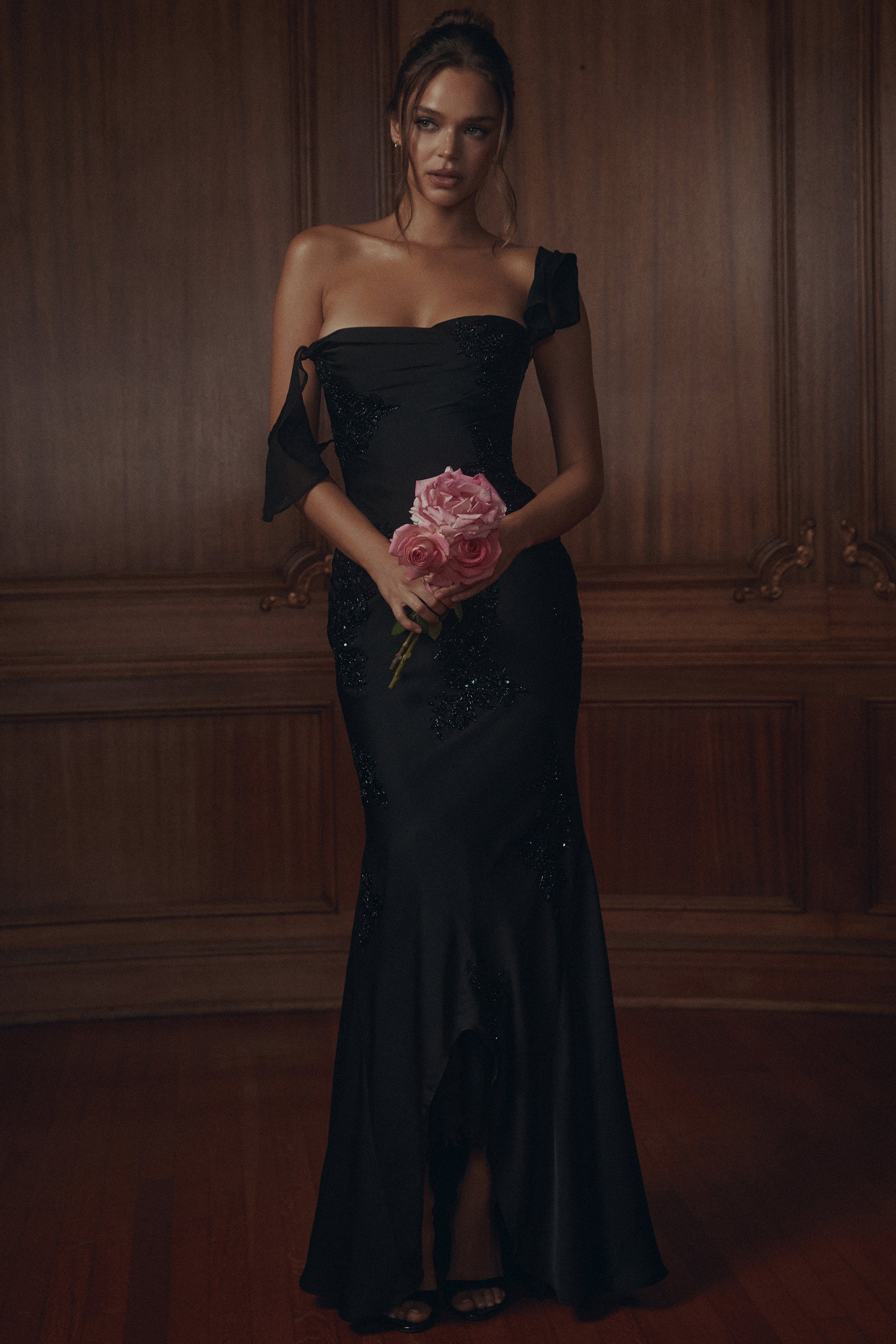 Arabella Black Satin Custom Hand Embellished Beaded Maxi Gown - Limited Edition
