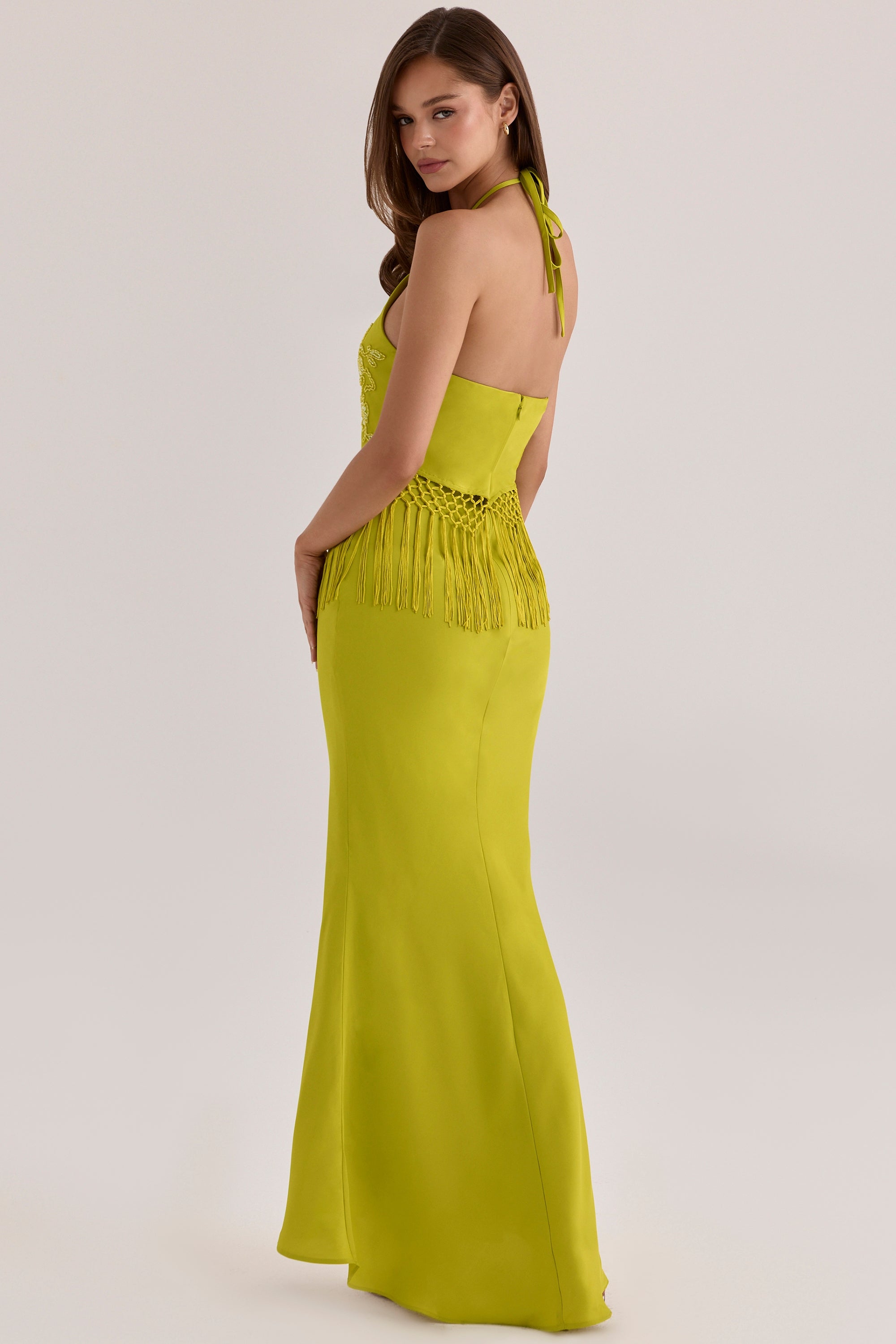 Sareena Chartreuse Satin Custom Embellished Fringed Maxi Dress - Limited Edition