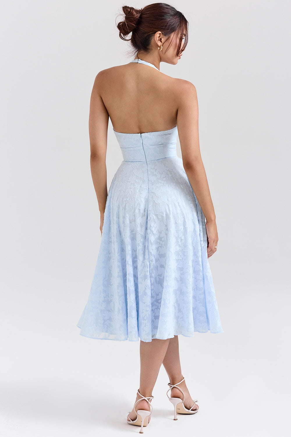 Arietta Bluebell Floral Jacquard Halter Midi Dress