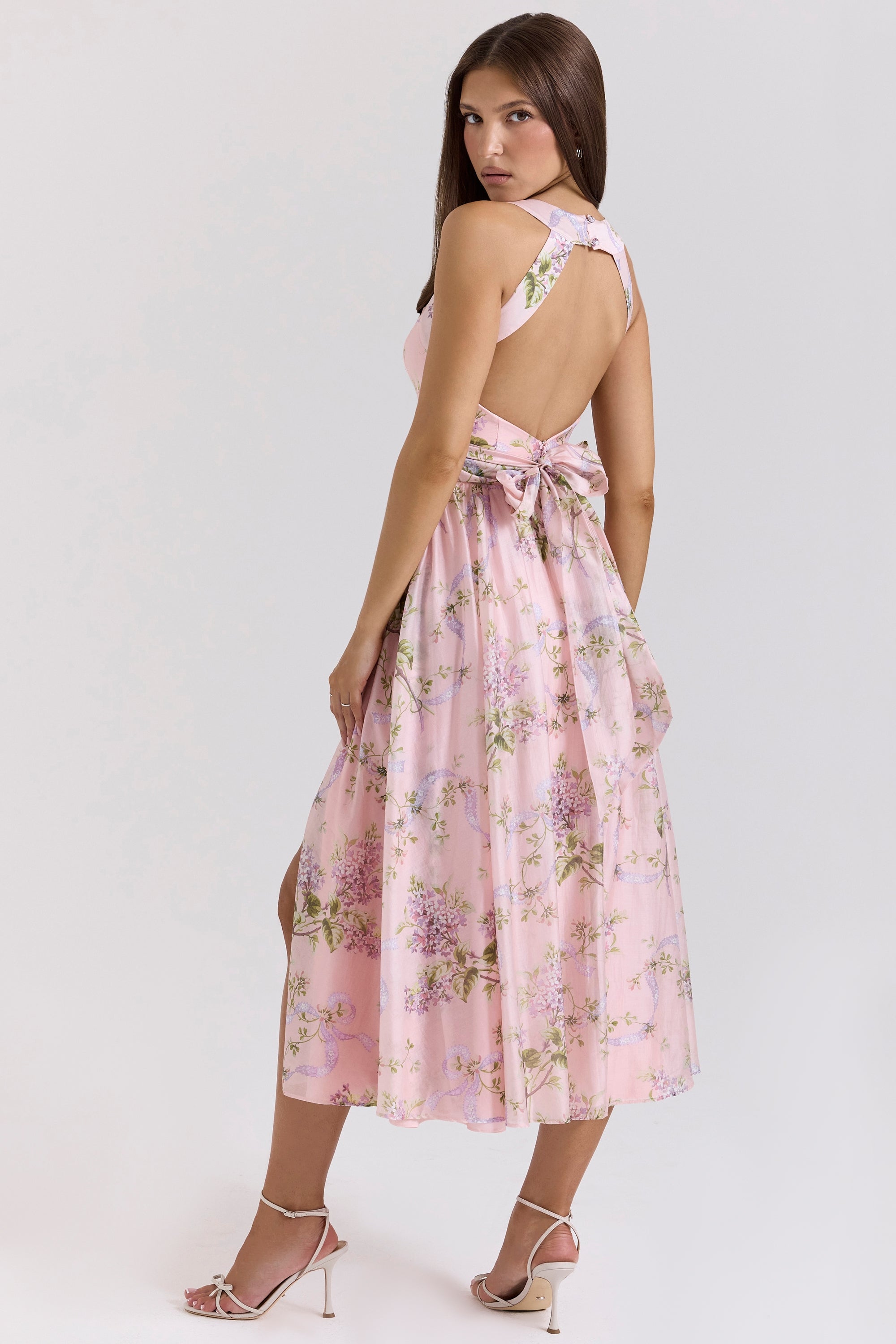 Rosalee Pink Floral Corset Midi Dress