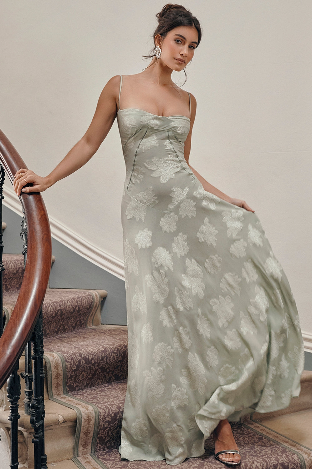 Seren Pistachio Floral Lace Back Maxi Dress