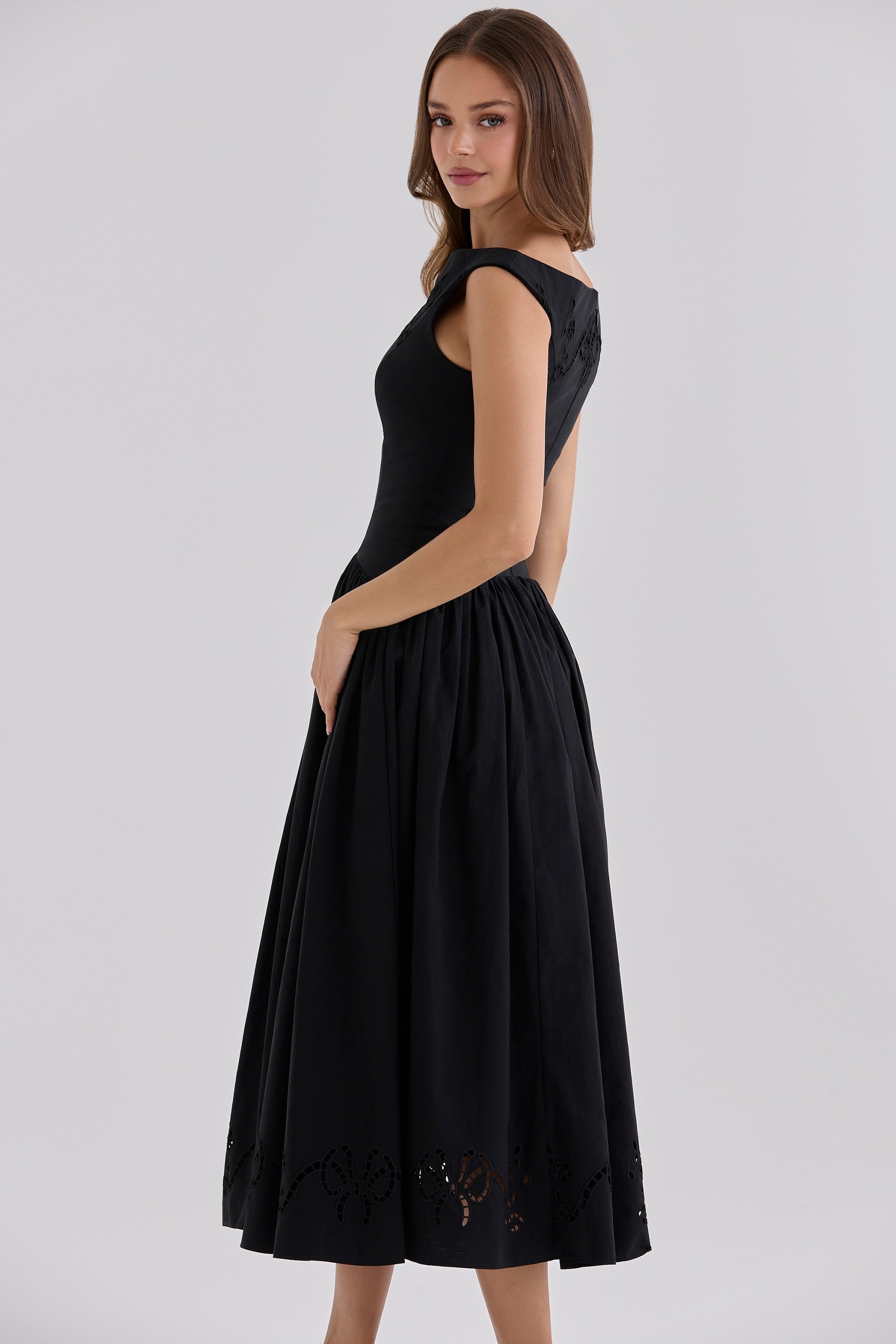 Lauren Black Custom Cotton Broderie Anglaise Boat Neck Maxi Dress