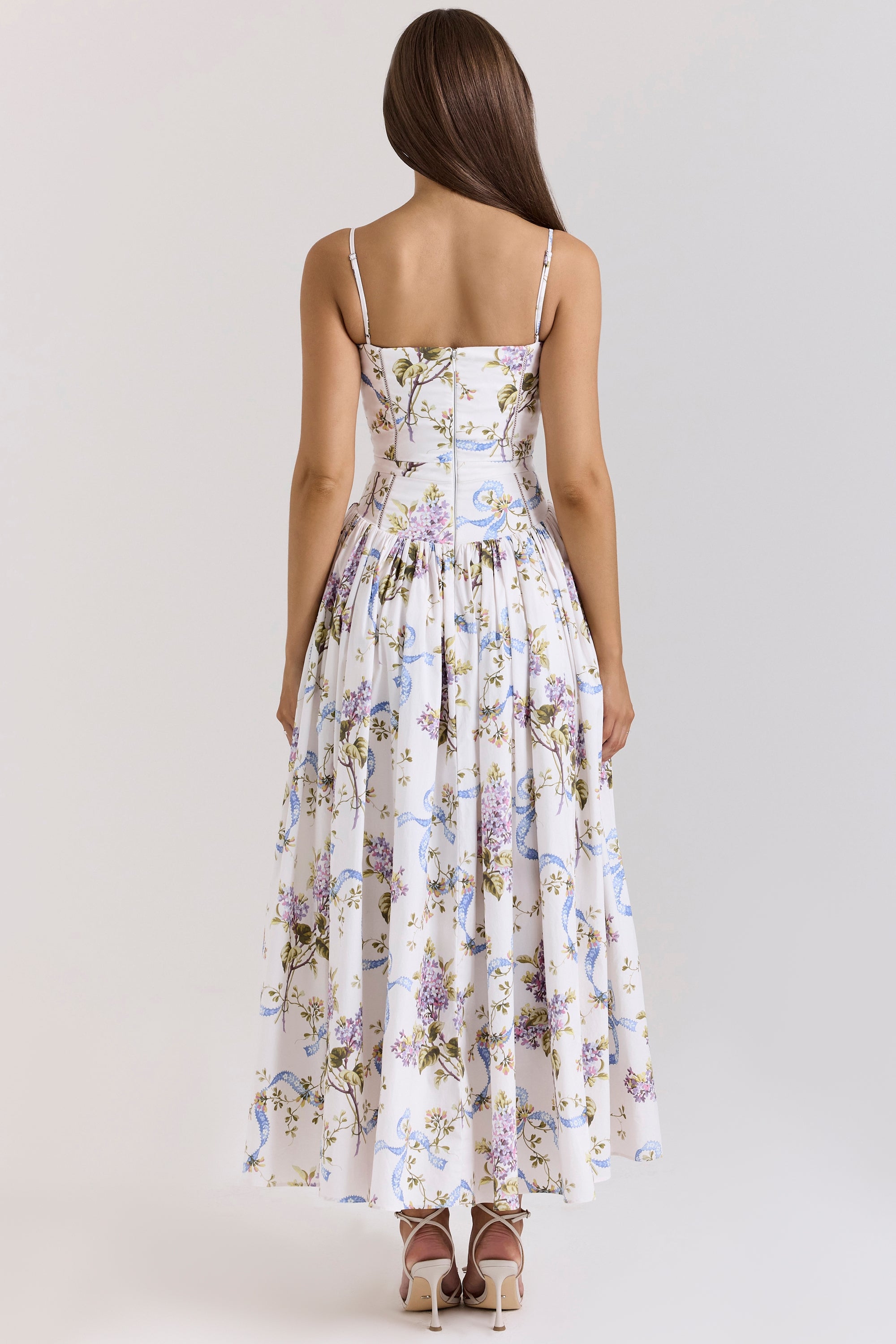 Ysabella Off White Vintage Ribbon Print Cotton Midi Sundress