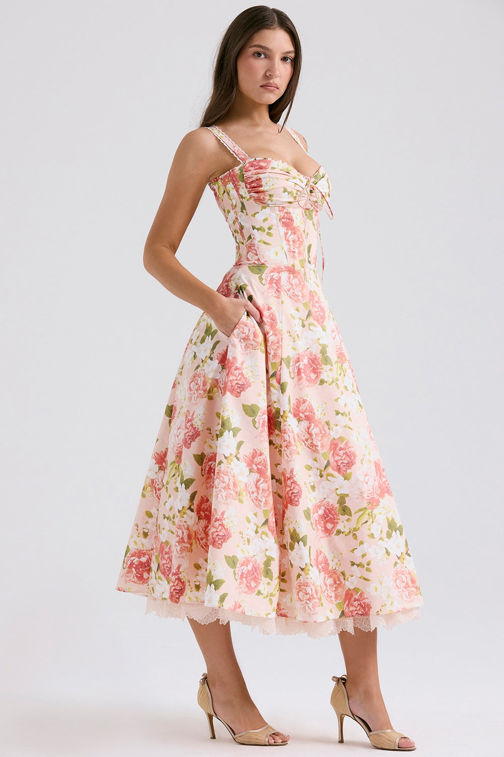 Rosalee Pink Peony Print Cotton Bustier Sundress