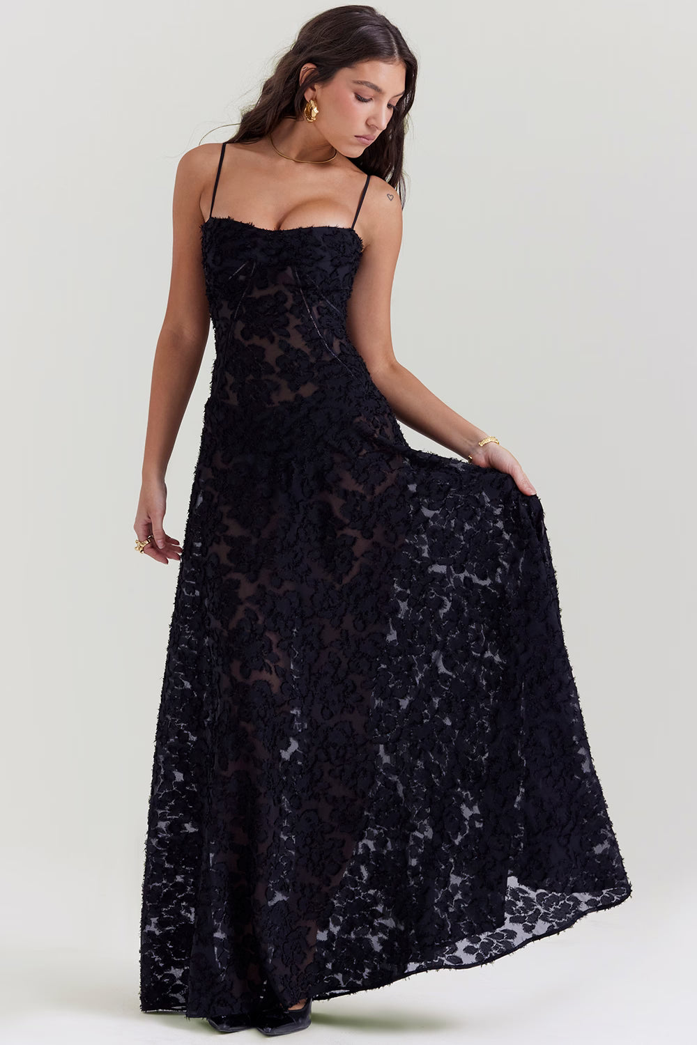 Seren Retro black printed long dress