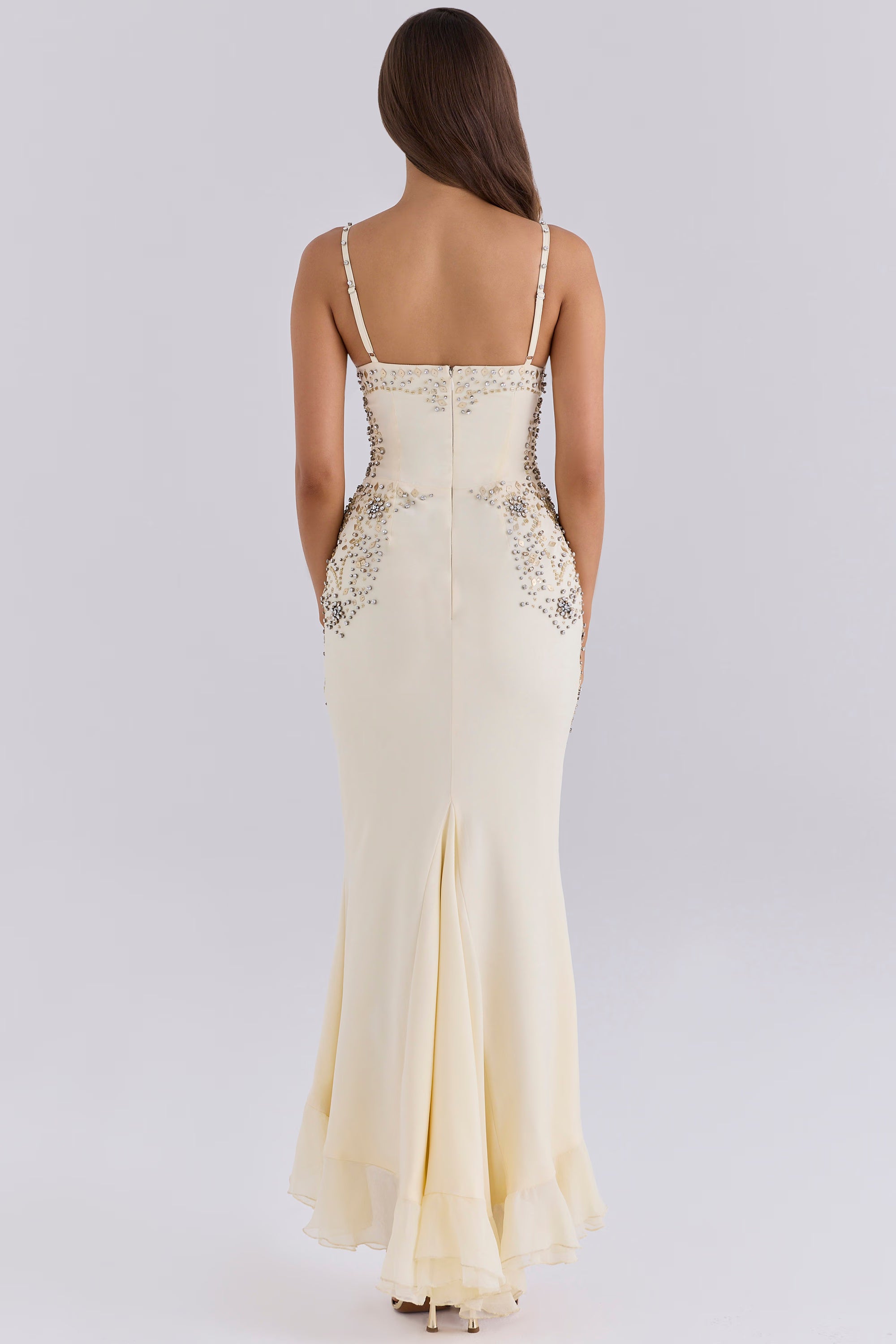 Elyse Pearl White Deep V Satin Silk Beaded Evening Dress - Limited Edition