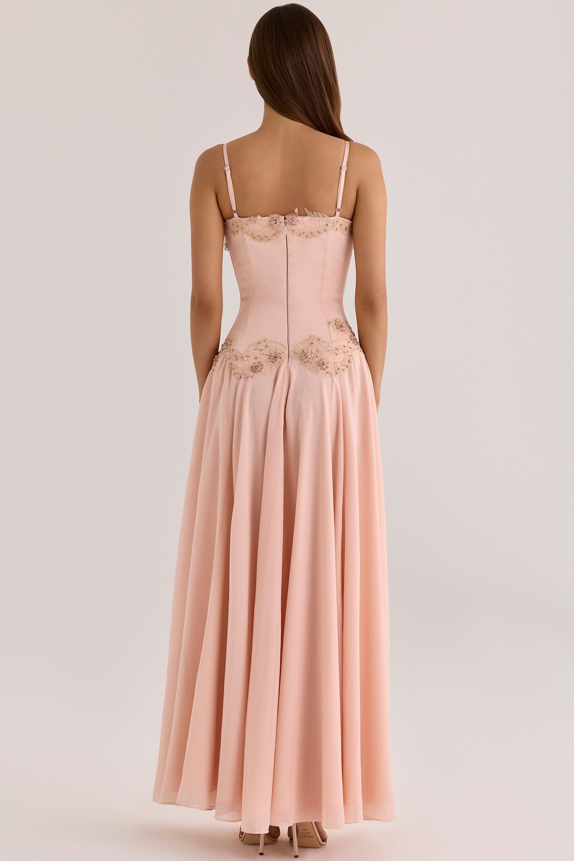 Saloma Blush Satin Custom Hand Beaded Embellished Maxi Dress - Limited Edition