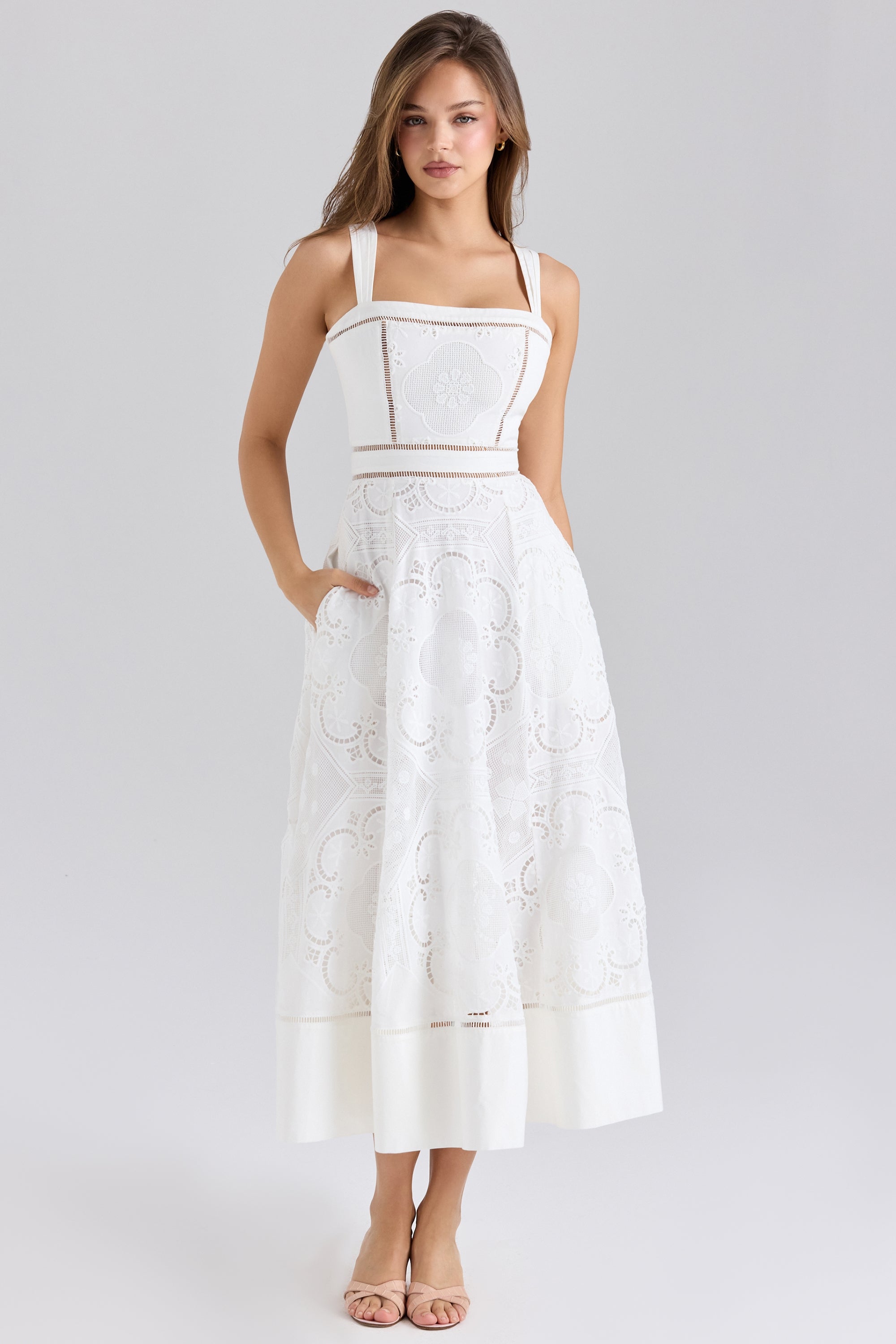 Chloe White Custom Lace + Cotton Midi Sundress
