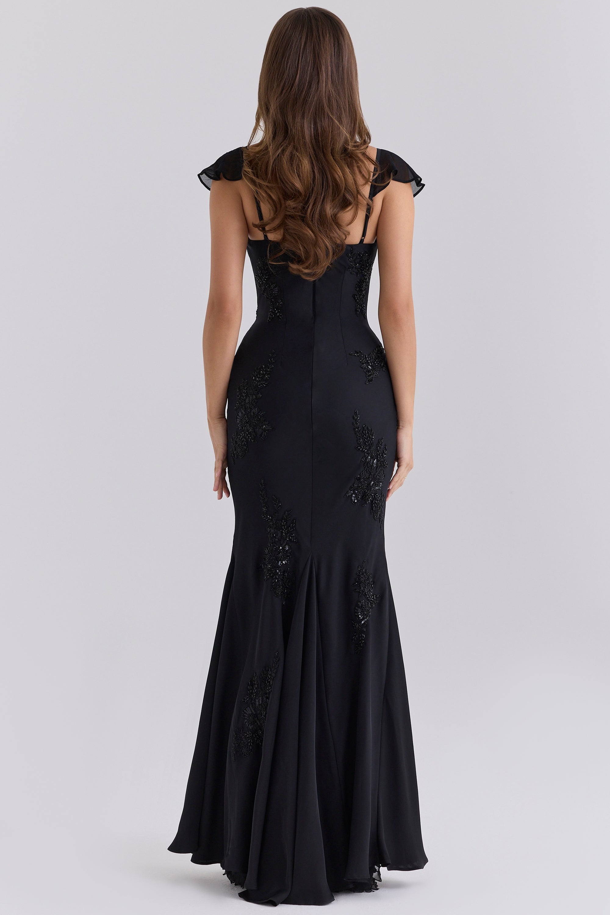 Arabella Black Satin Custom Hand Embellished Beaded Maxi Gown - Limited Edition