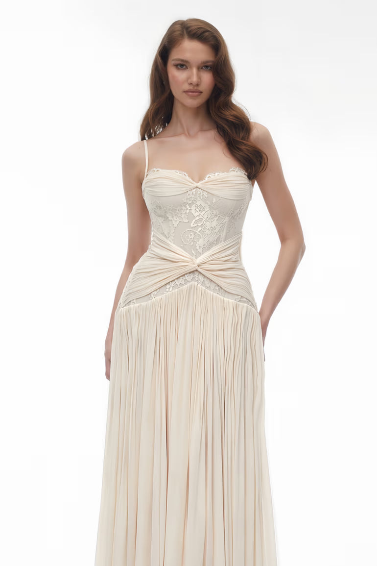 Brigitte Cream White Ruched Maxi Dress with Lace Panels
