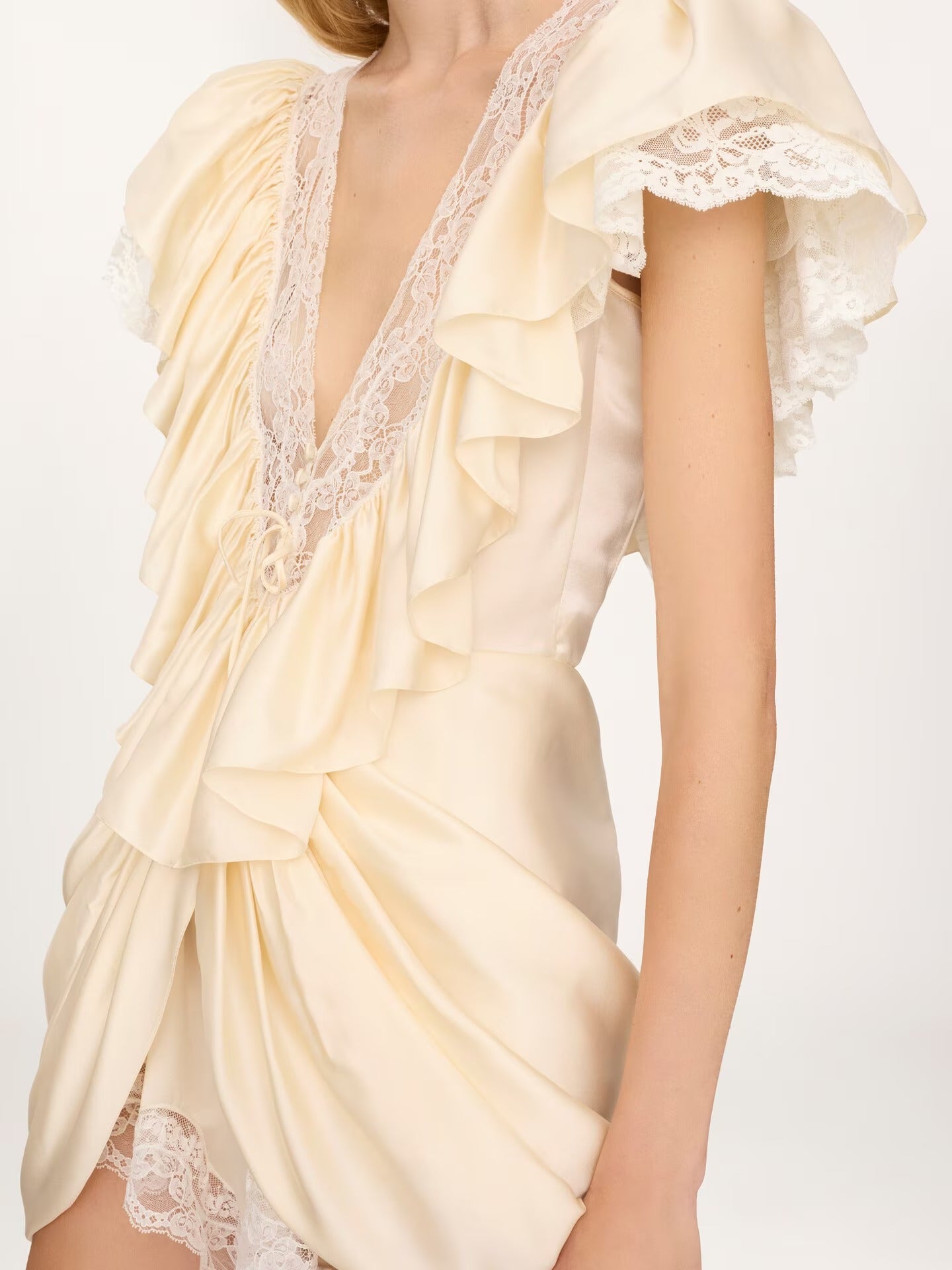 V-neck short jumpsuit in washed silk satin & lace