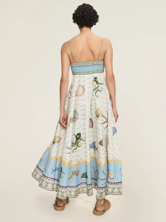 Conversational Printed Shoulder Straps Fit and Flare Maxi Dress