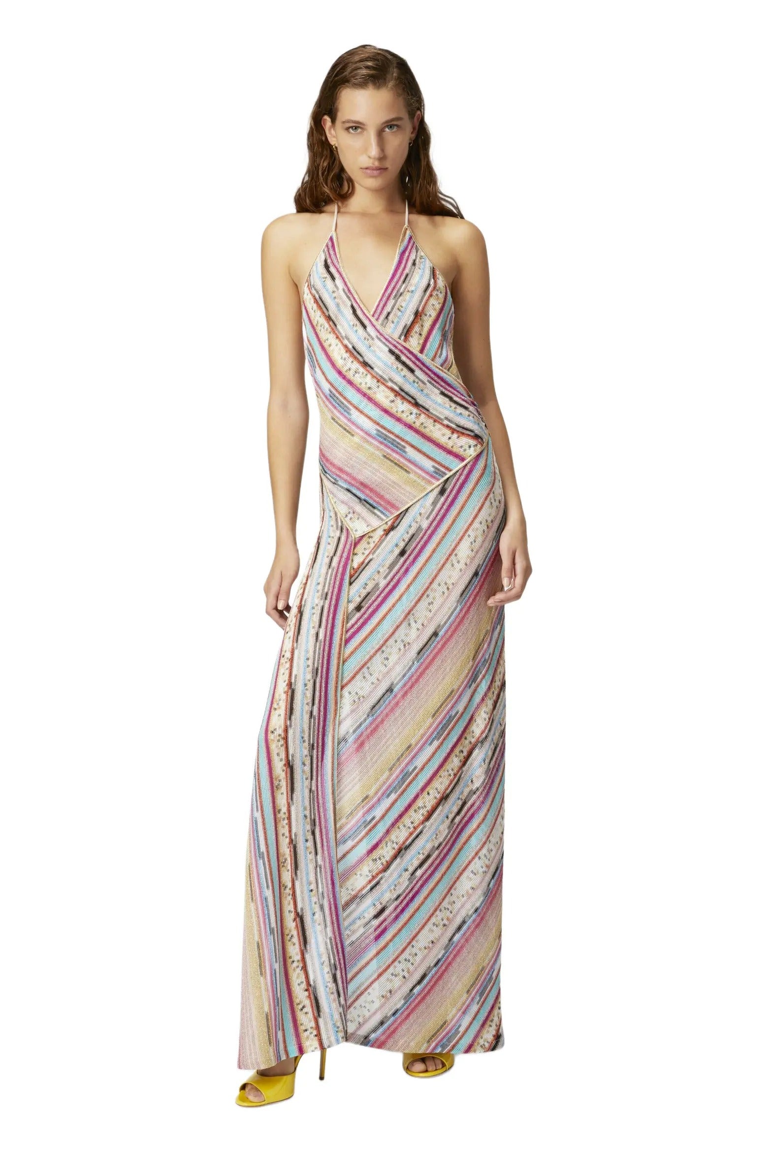 Long dress in lamé slub viscose with slit