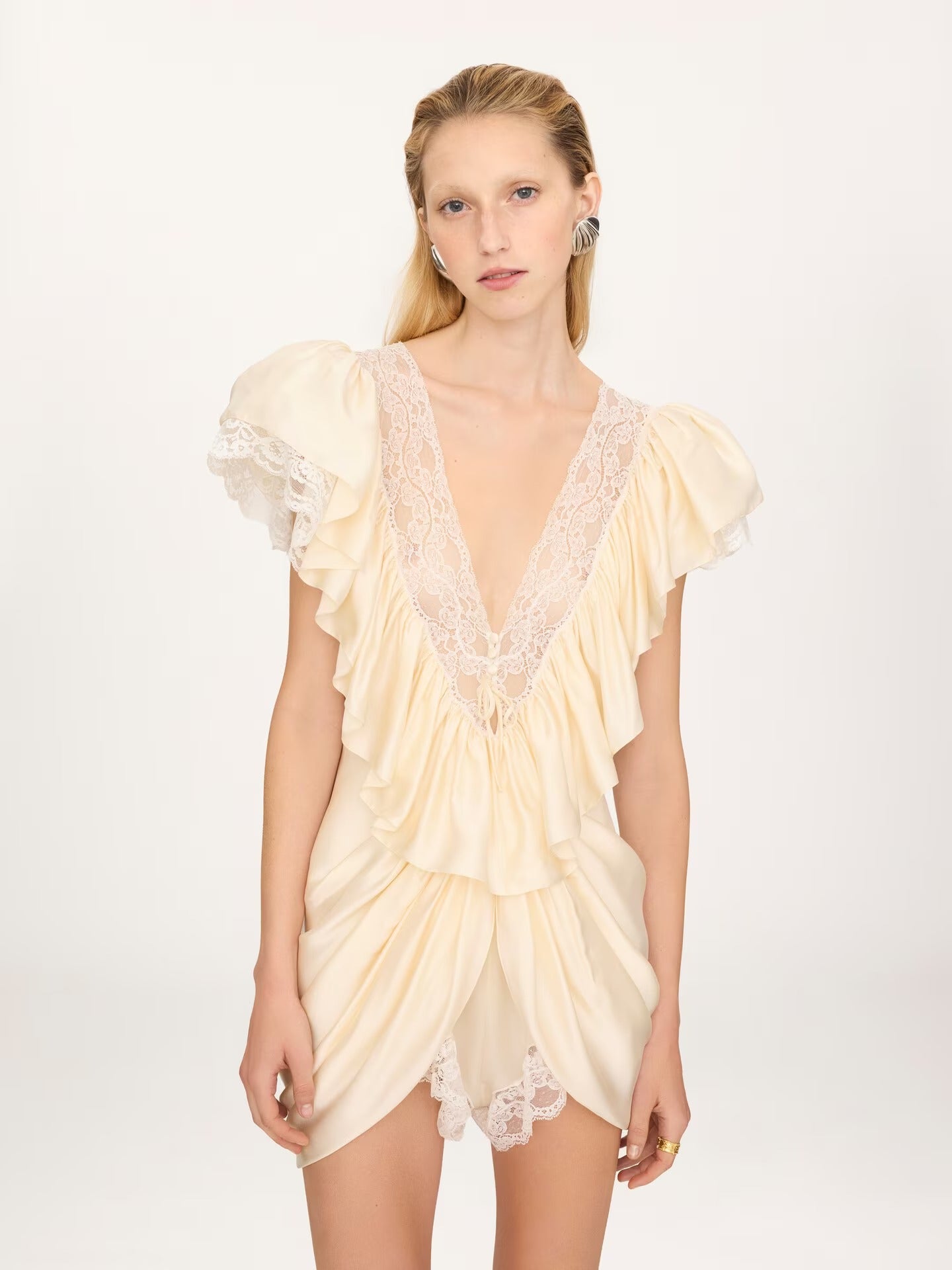 V-neck short jumpsuit in washed silk satin & lace