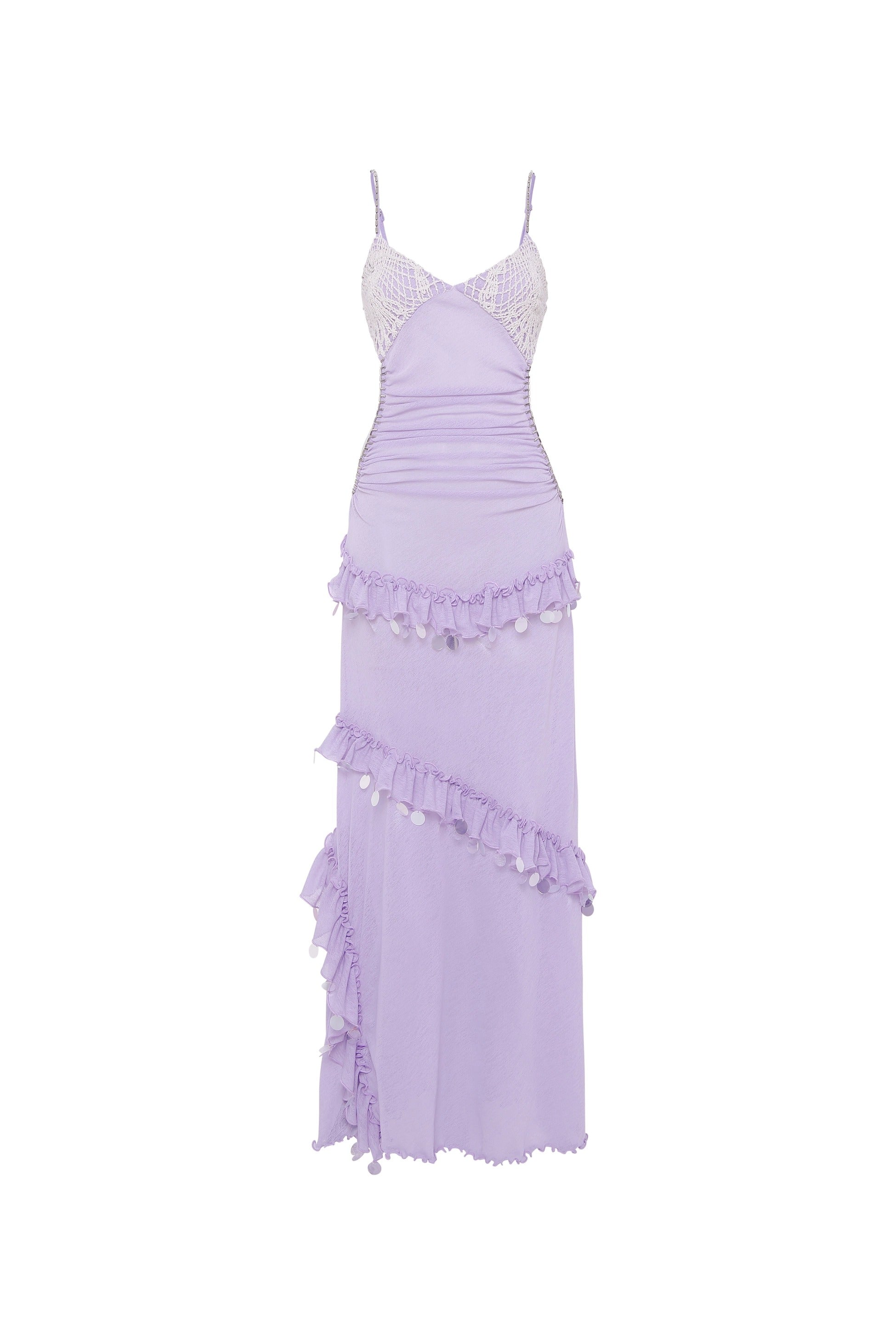 Crochet Bust Detailed Embellished Sheer Mesh Dress