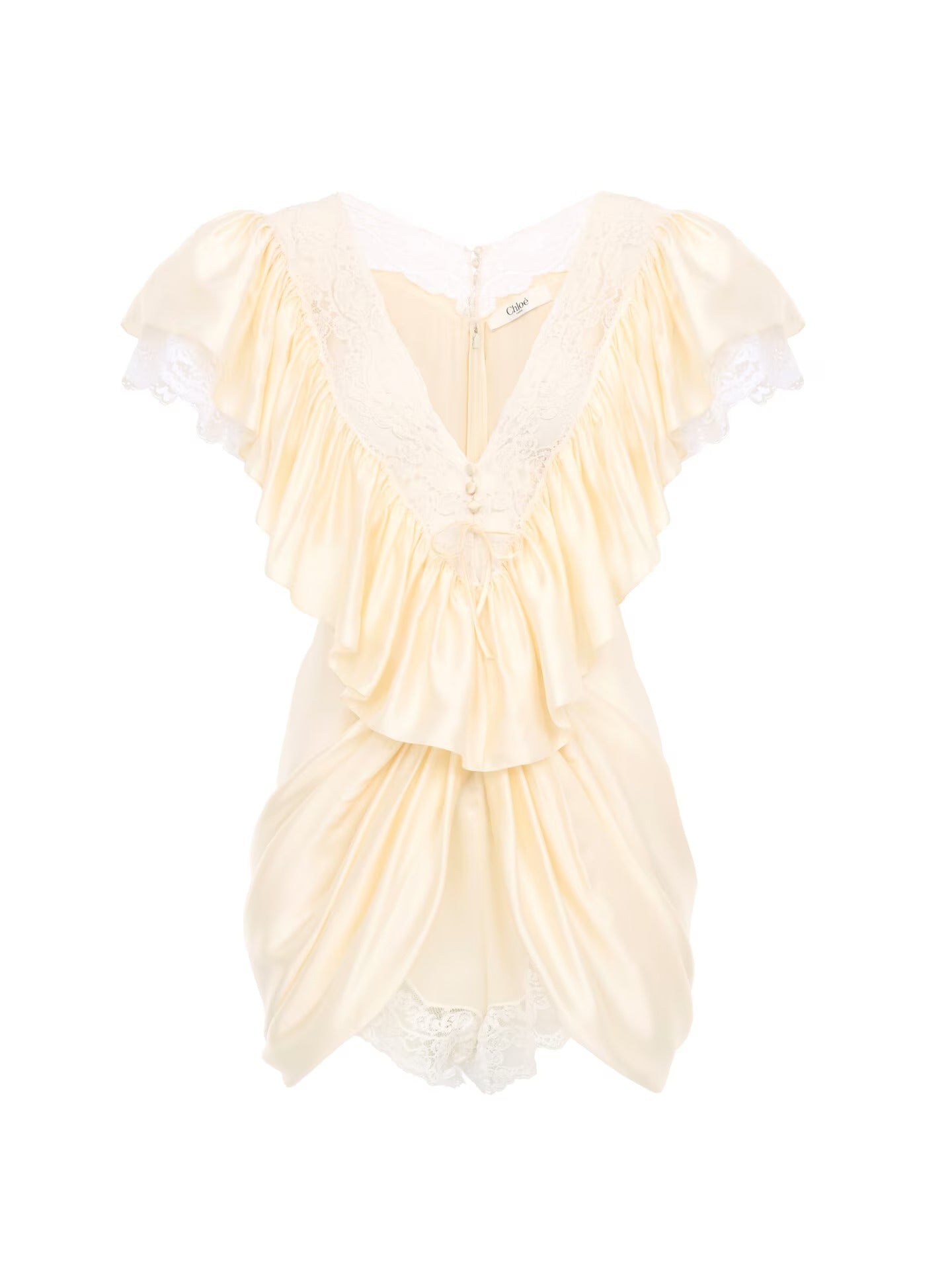 V-neck short jumpsuit in washed silk satin & lace