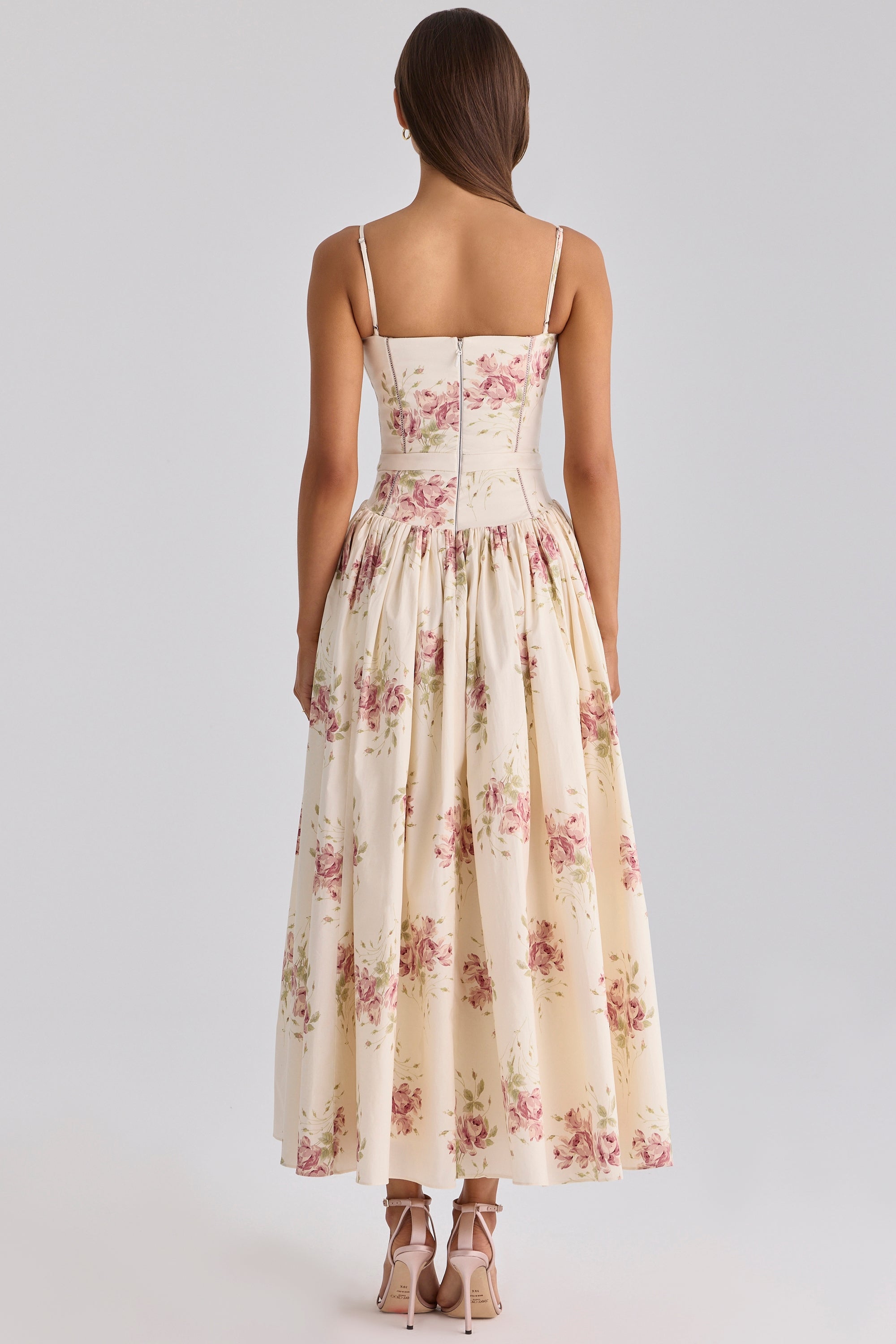 Ysabella ivory vintage rose print cotton midi sundress