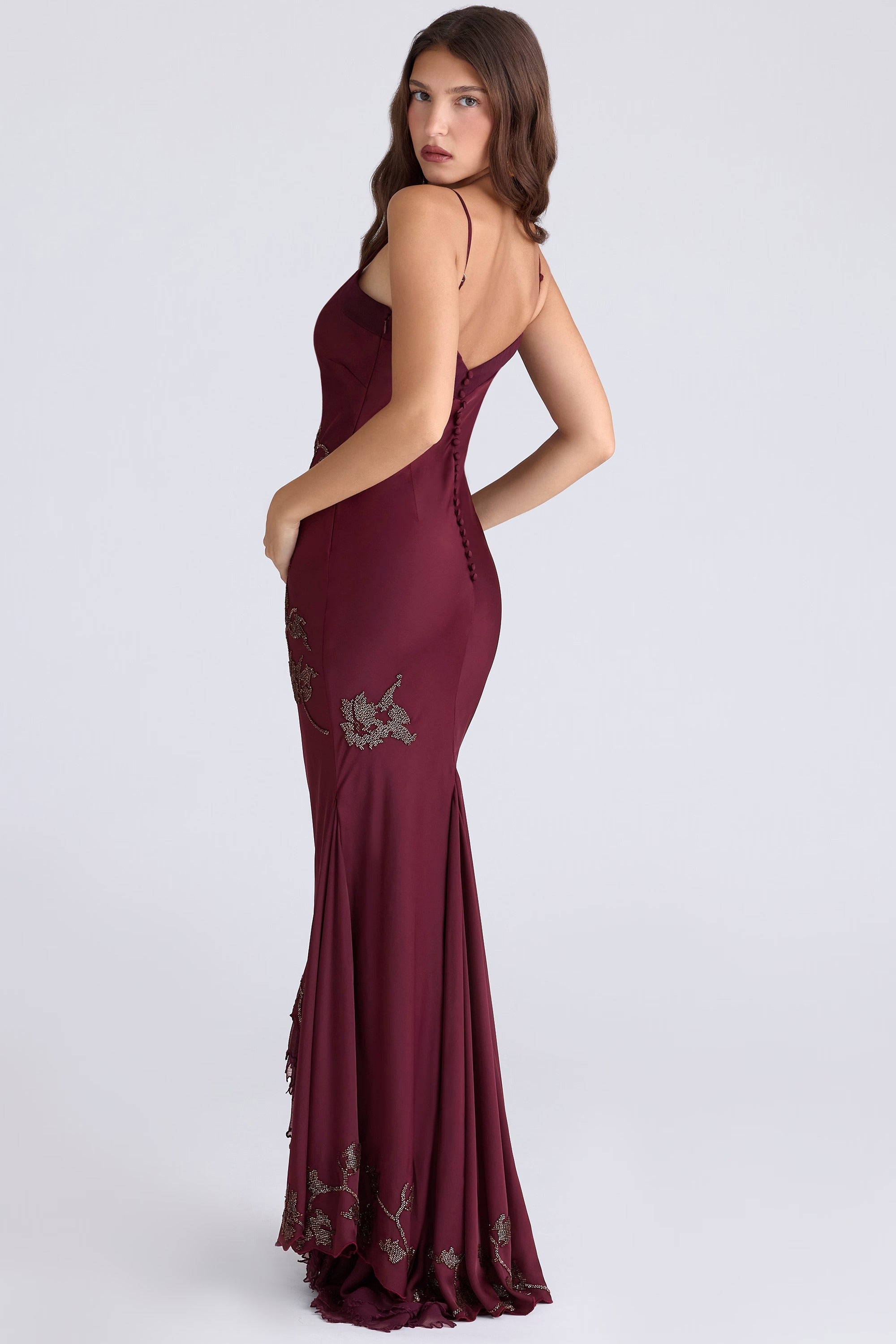 plum hand beaded embellished satin maxi gown