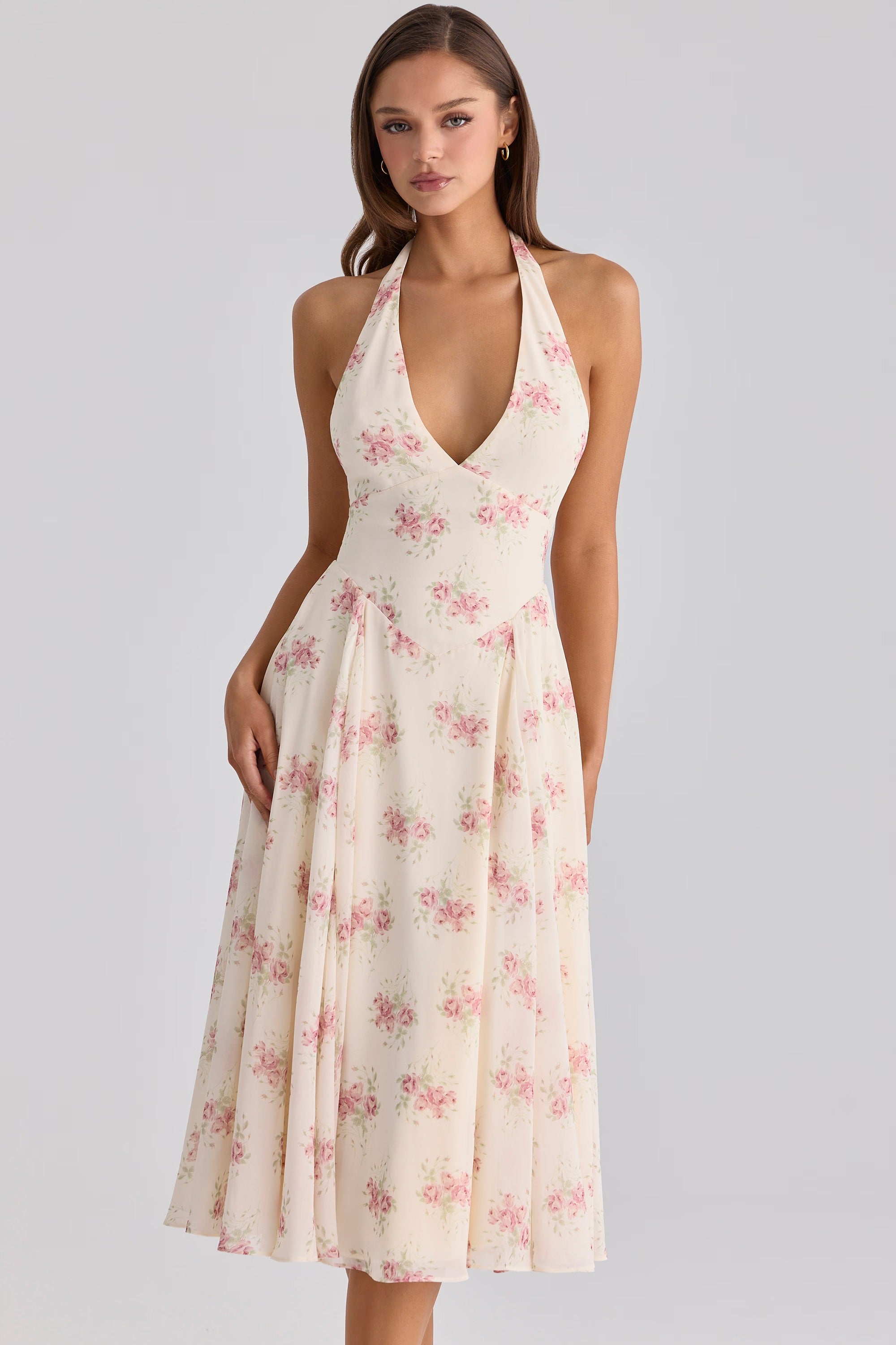 Solada ivory vintage rose print georgette midi halter dress
