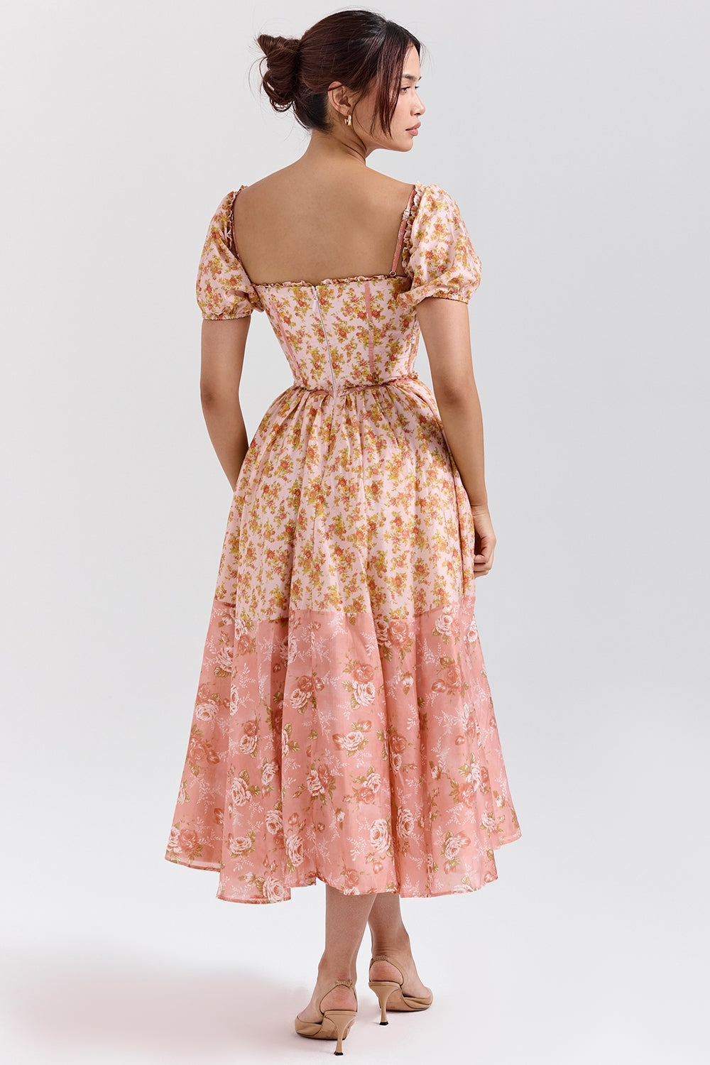 Penelope peach poppy print puff sleeve midi sundress