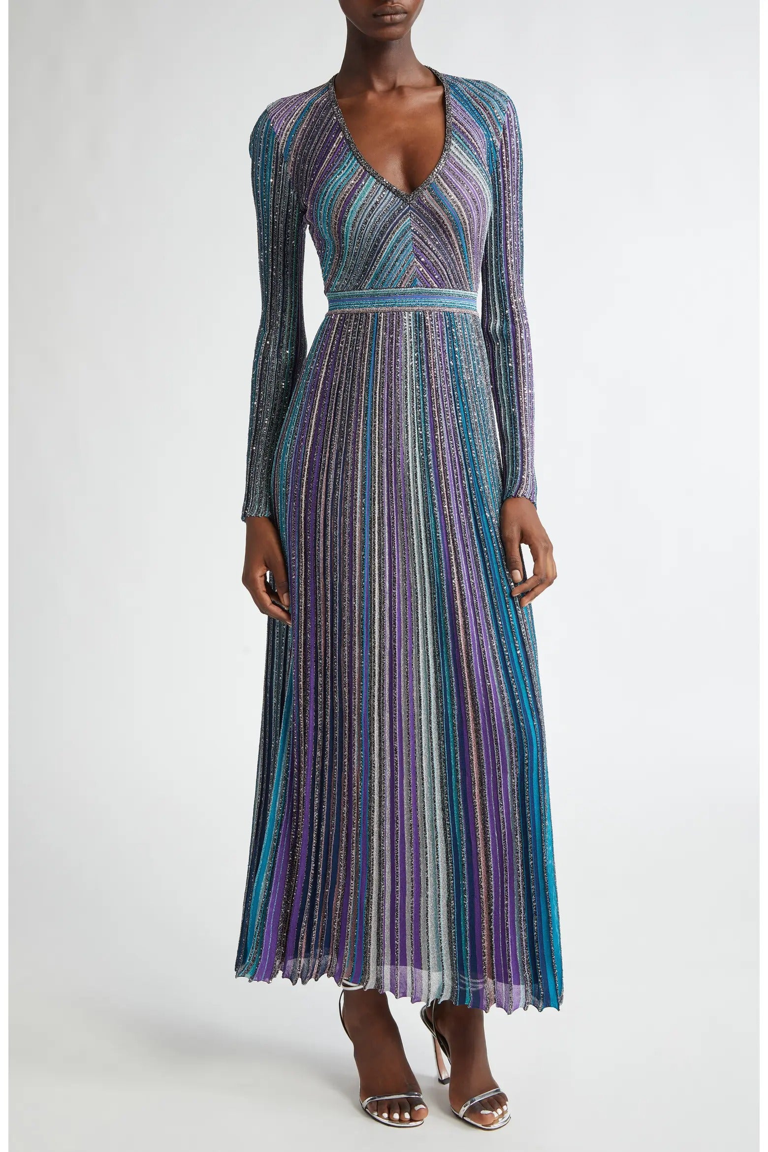 Sequin Metallic Stripe Long Sleeve Sweater Dress