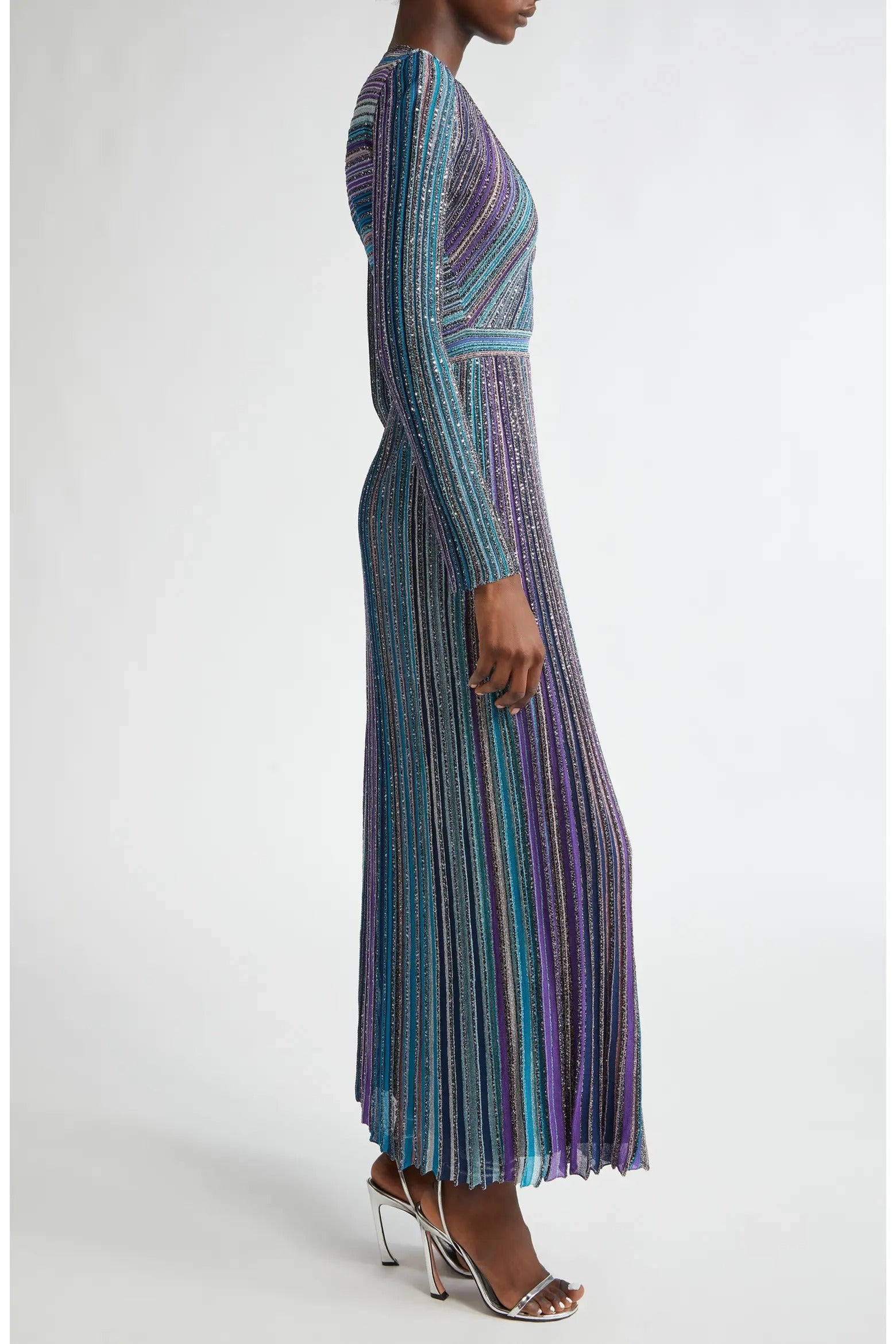 Sequin Metallic Stripe Long Sleeve Sweater Dress