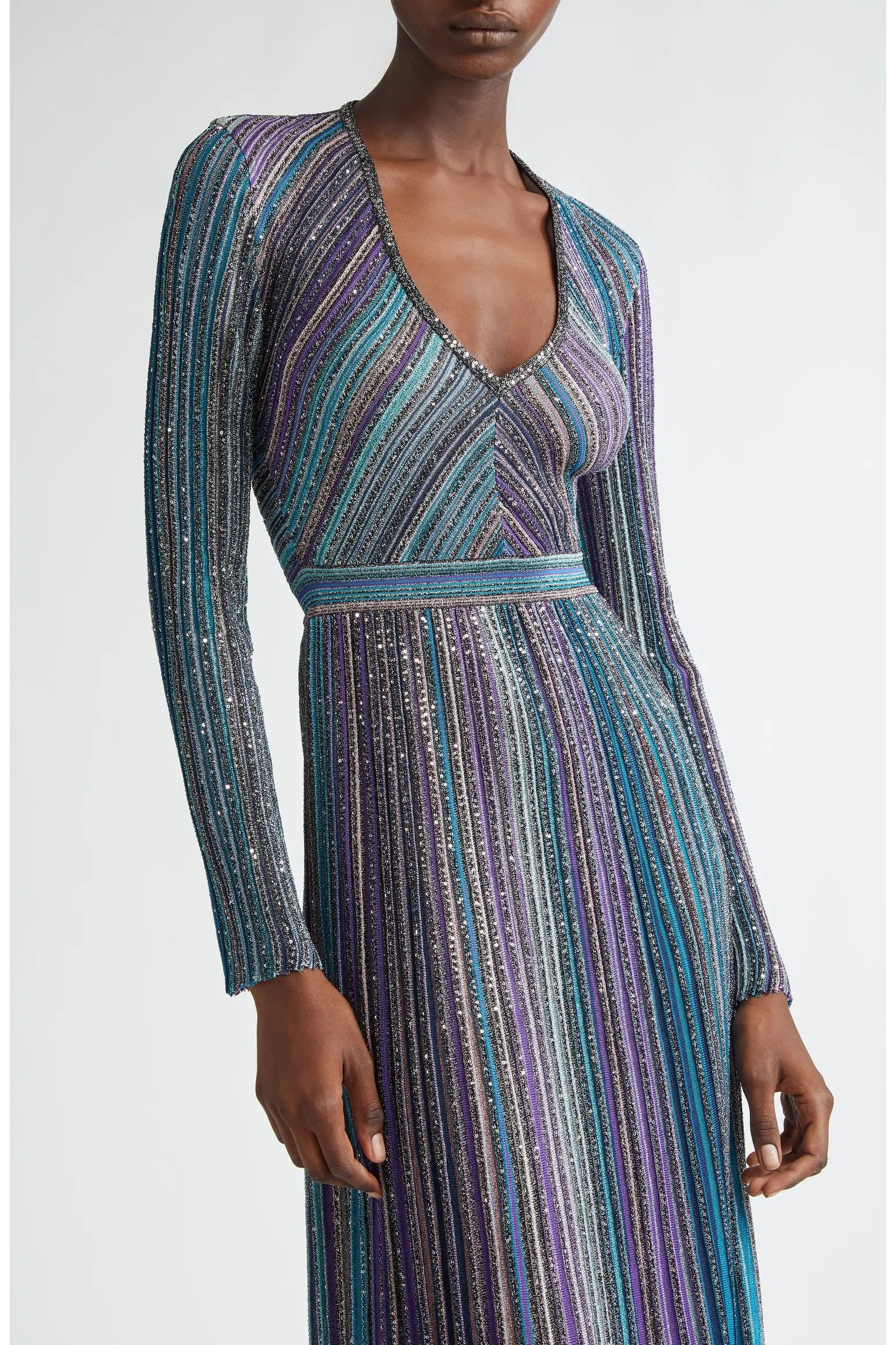 Sequin Metallic Stripe Long Sleeve Sweater Dress