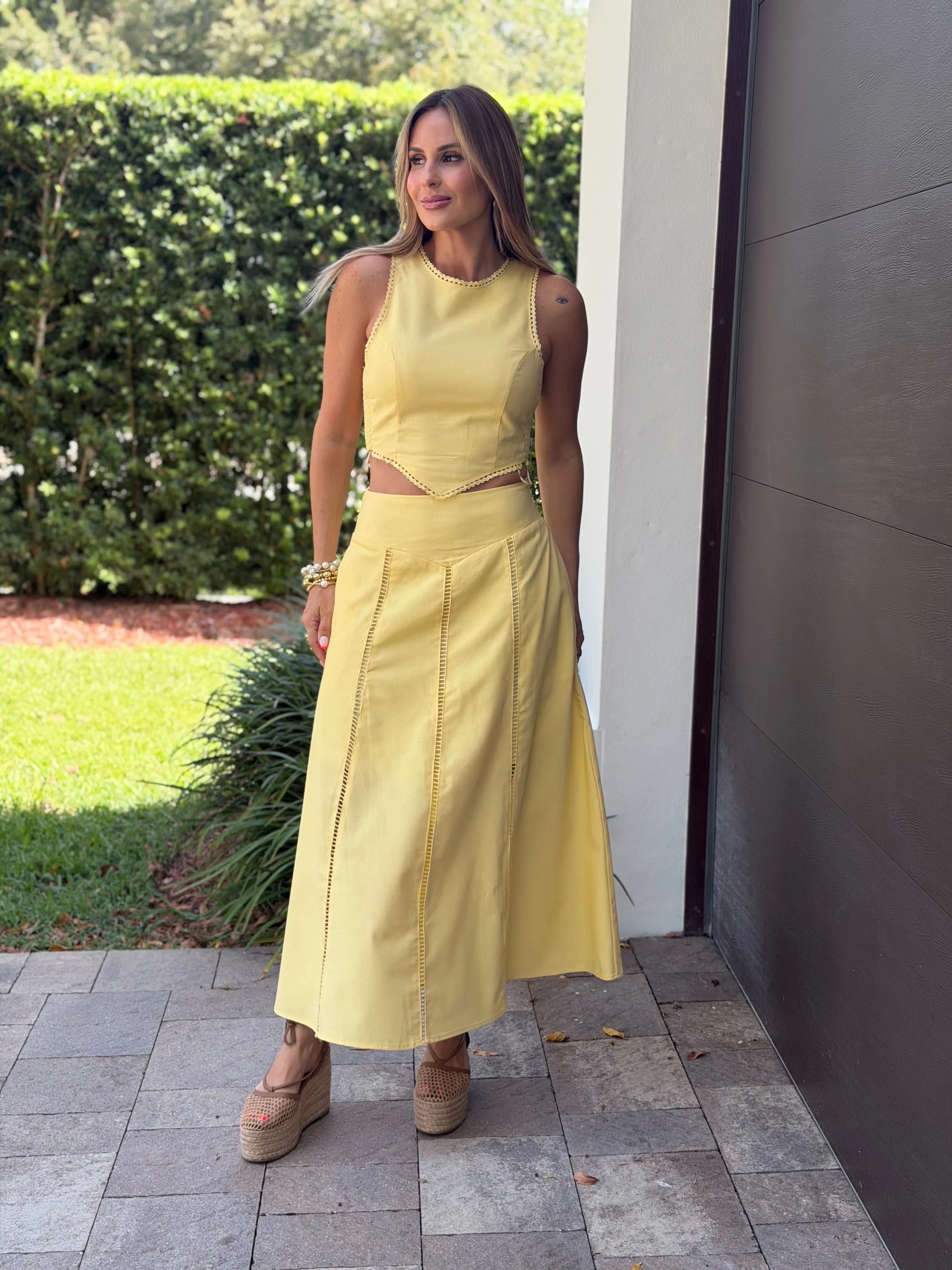 Lemon Eyelet Cutout Two-Piece Midi Skirt Set
