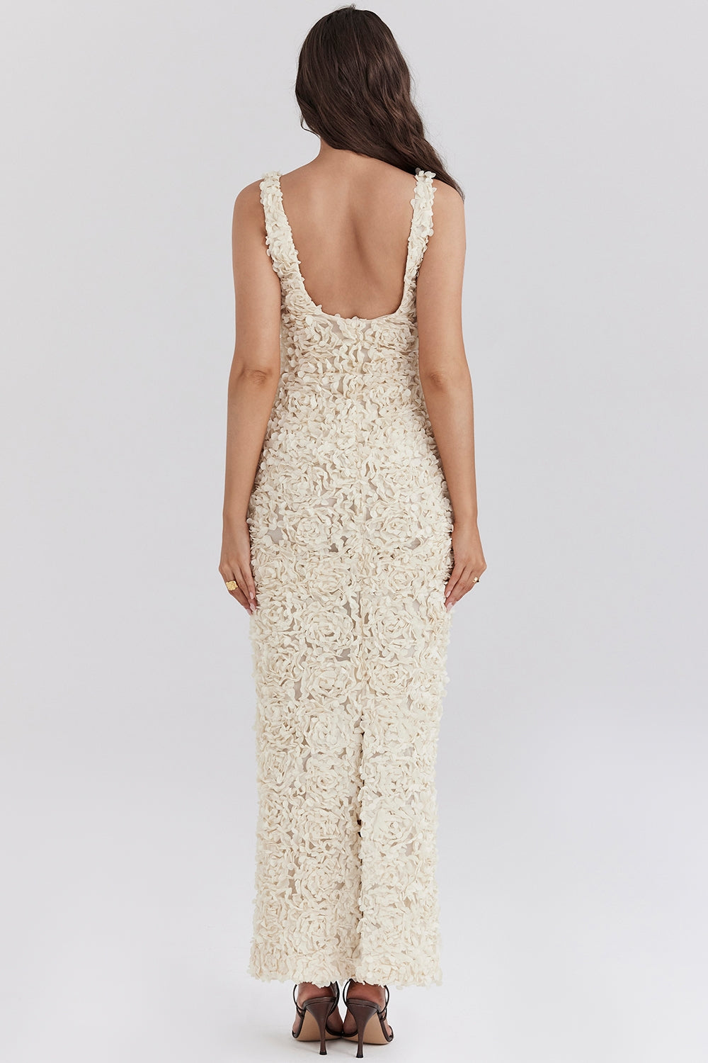 Carena creme plunge floral appliqué maxi dress
