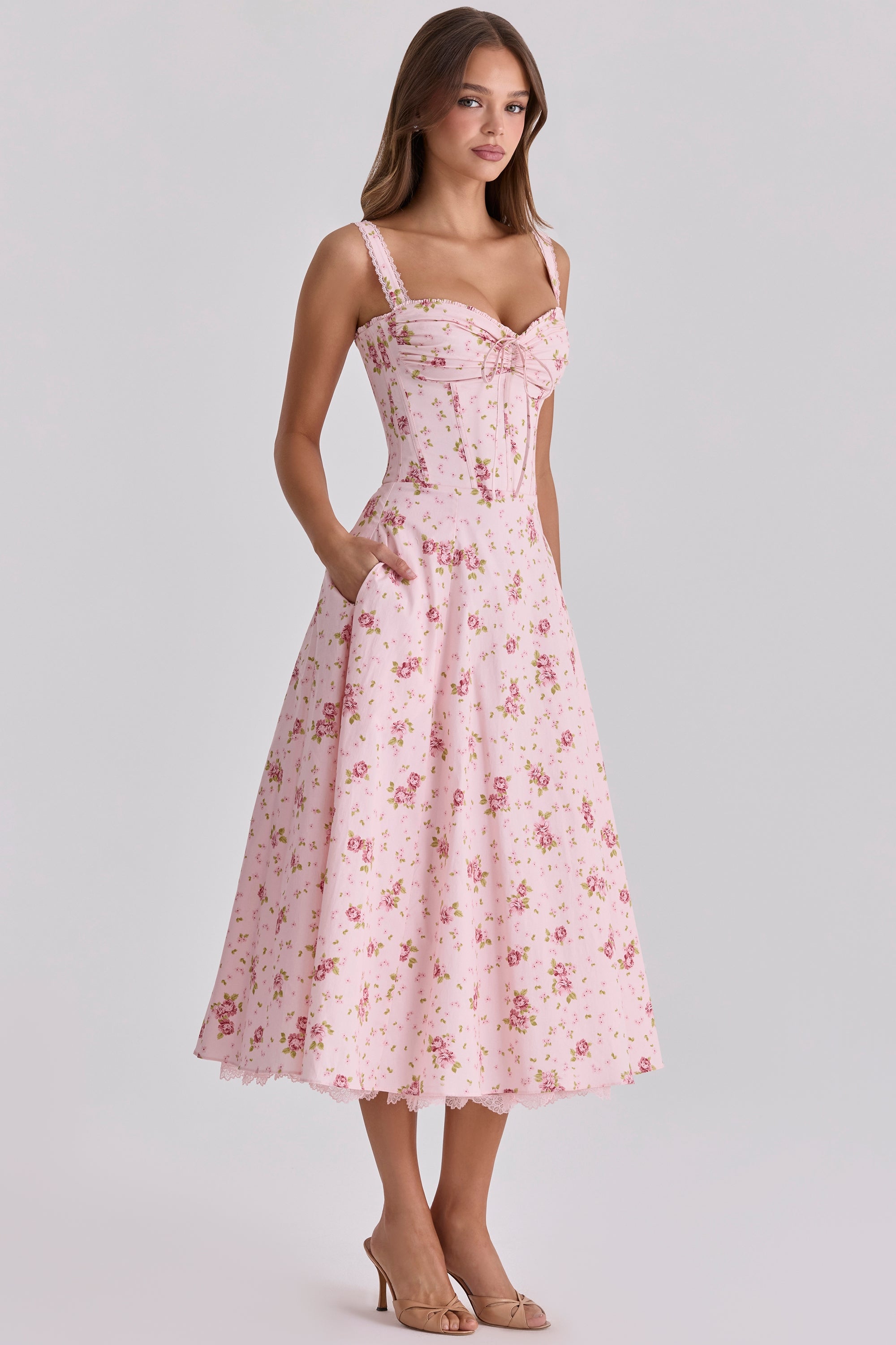 Rosalee vintage rose pink floral print midi dress