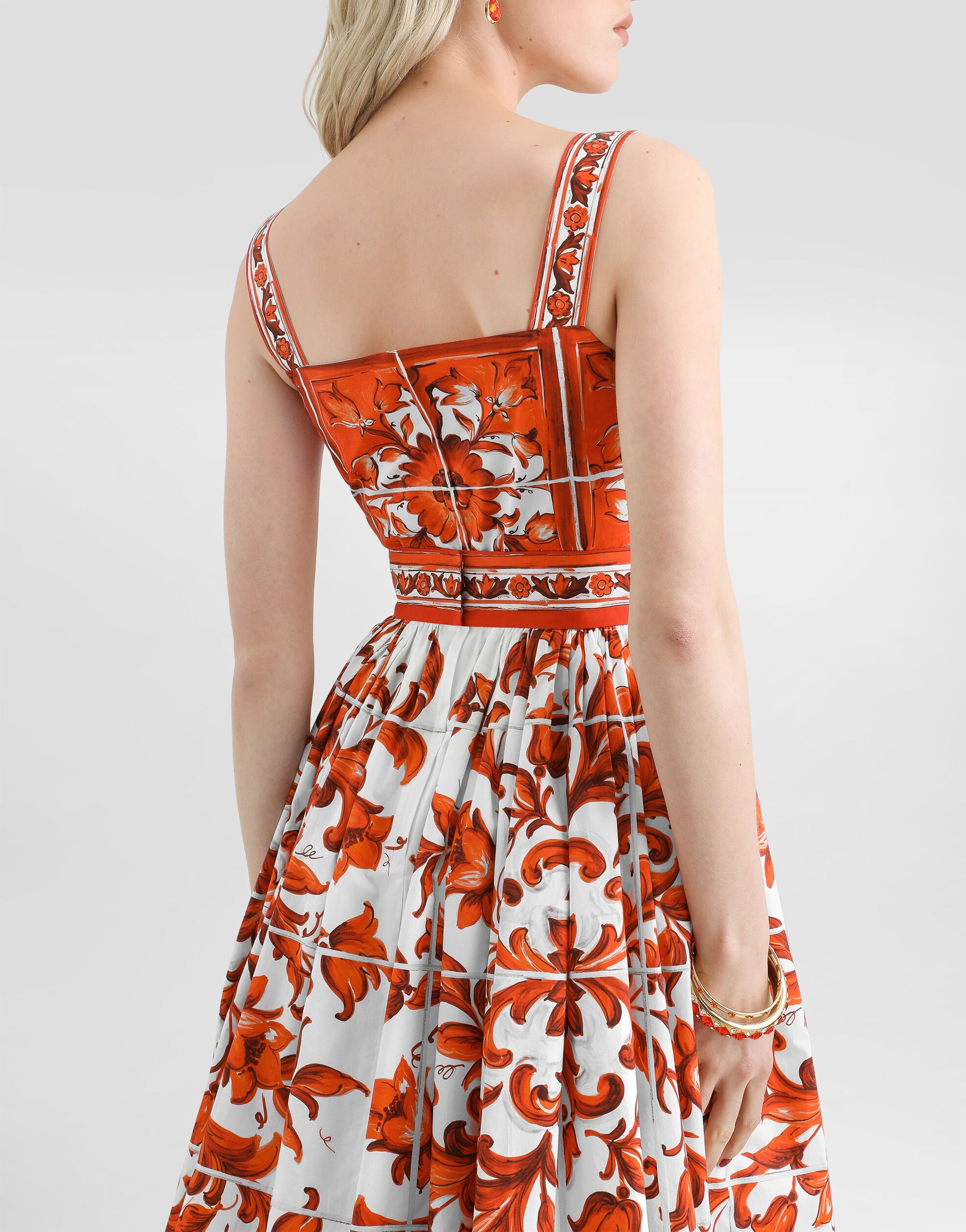 Majolica-print long poplin dress