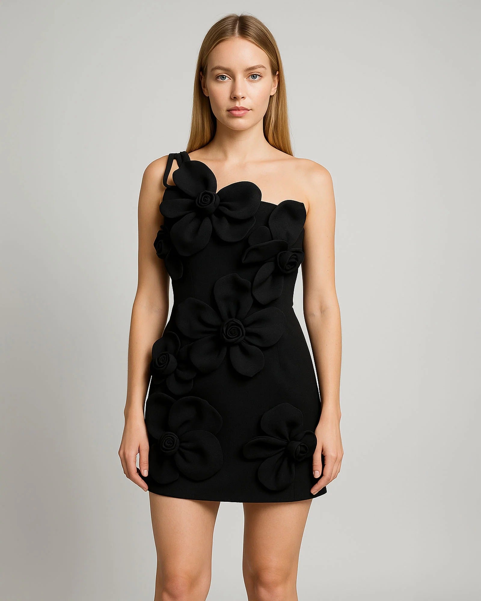 Elena One Shoulder Floral Mini Dress - Black