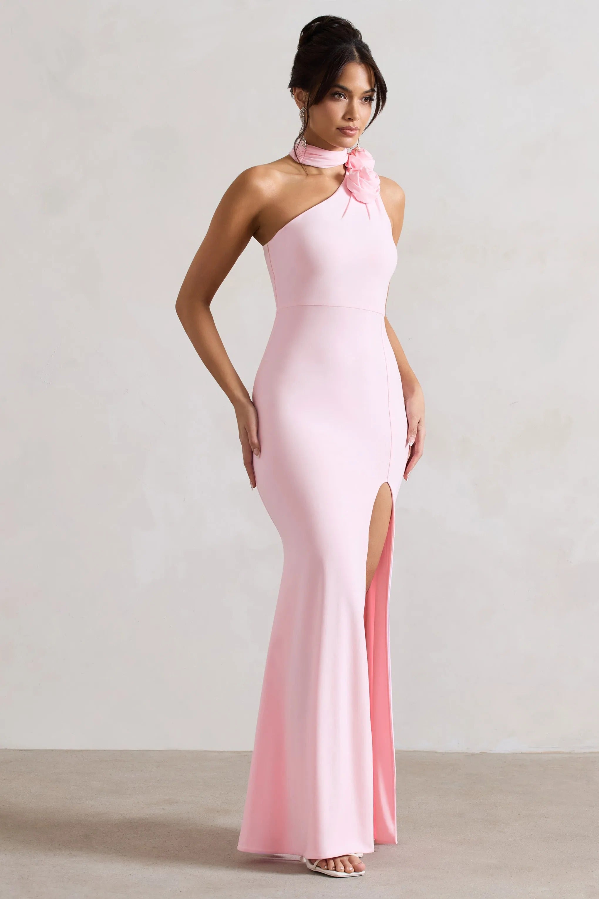Suspense Pink One Shoulder Halter-Neck Split Maxi Dress