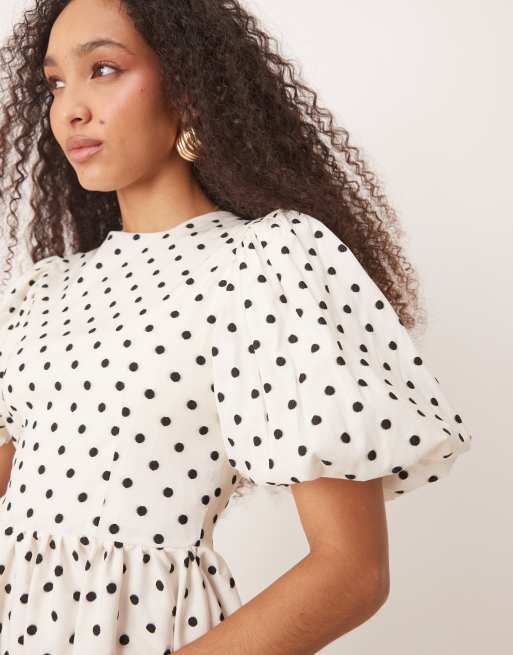 Sister Jane Puff Sleeve Mini Dress In Ivory Polka Dot