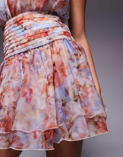 ASOS LUXE halter neck mini dress with organza skirt in floral print | ASOS