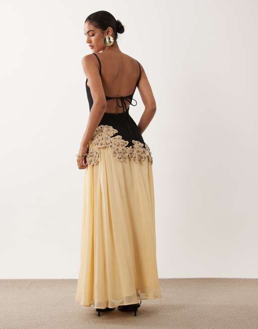 ASOS DESIGN embellished crochet flower maxi dress in black and neutral