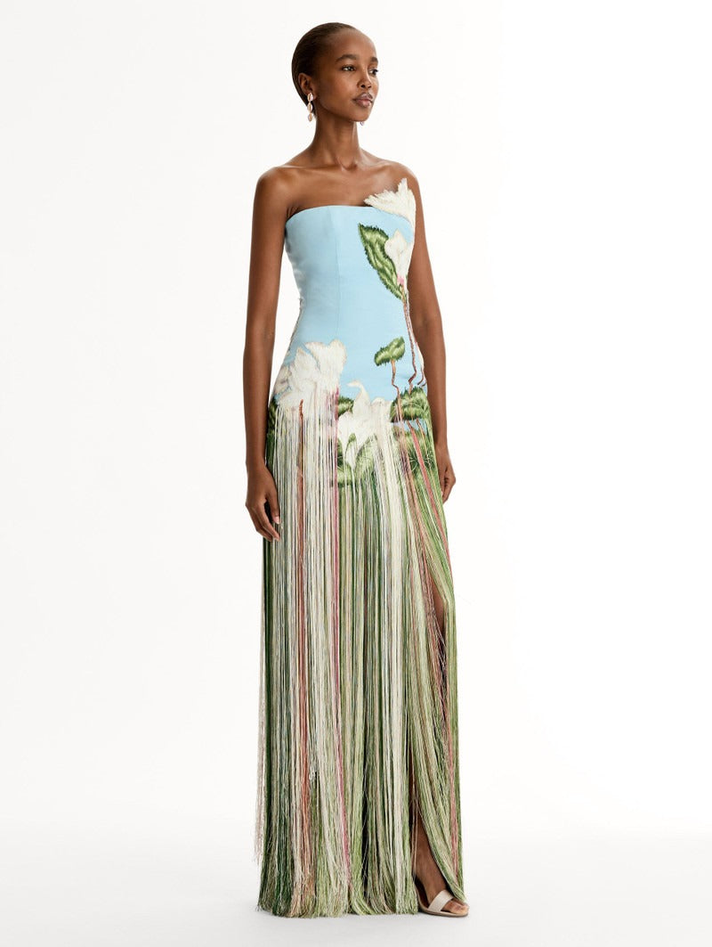 Chiné Cyclamen Threadwork Fringe Gown
