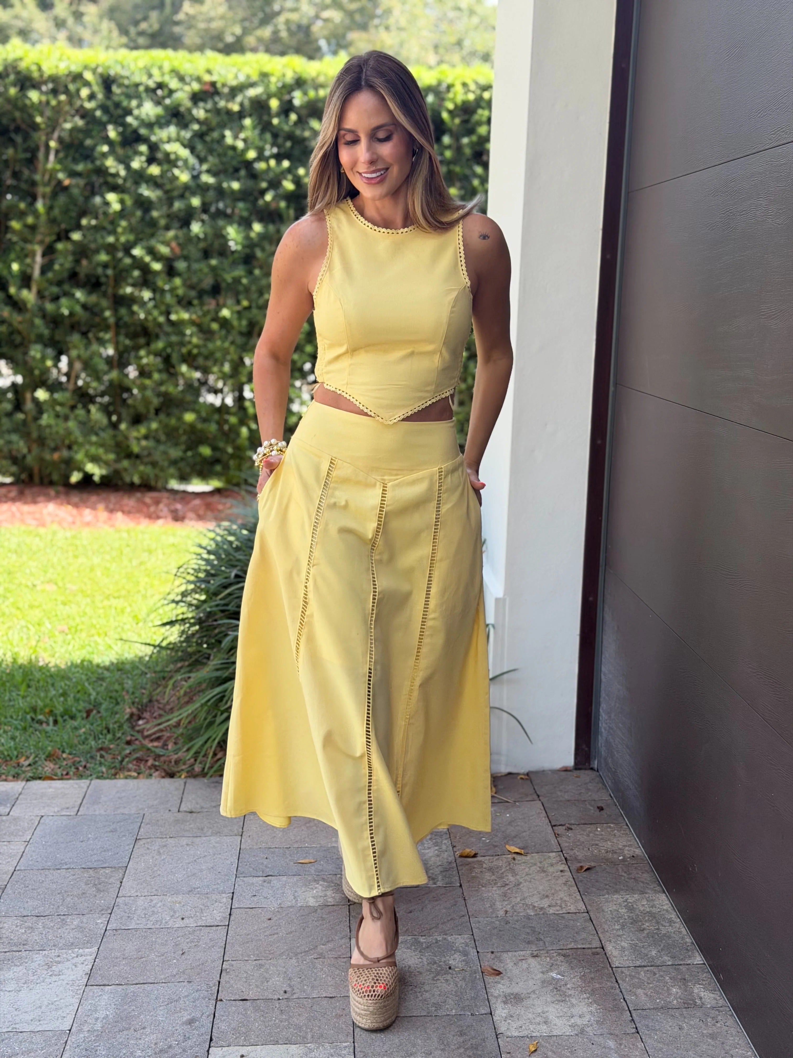 Lemon Eyelet Cutout Two-Piece Midi Skirt Set