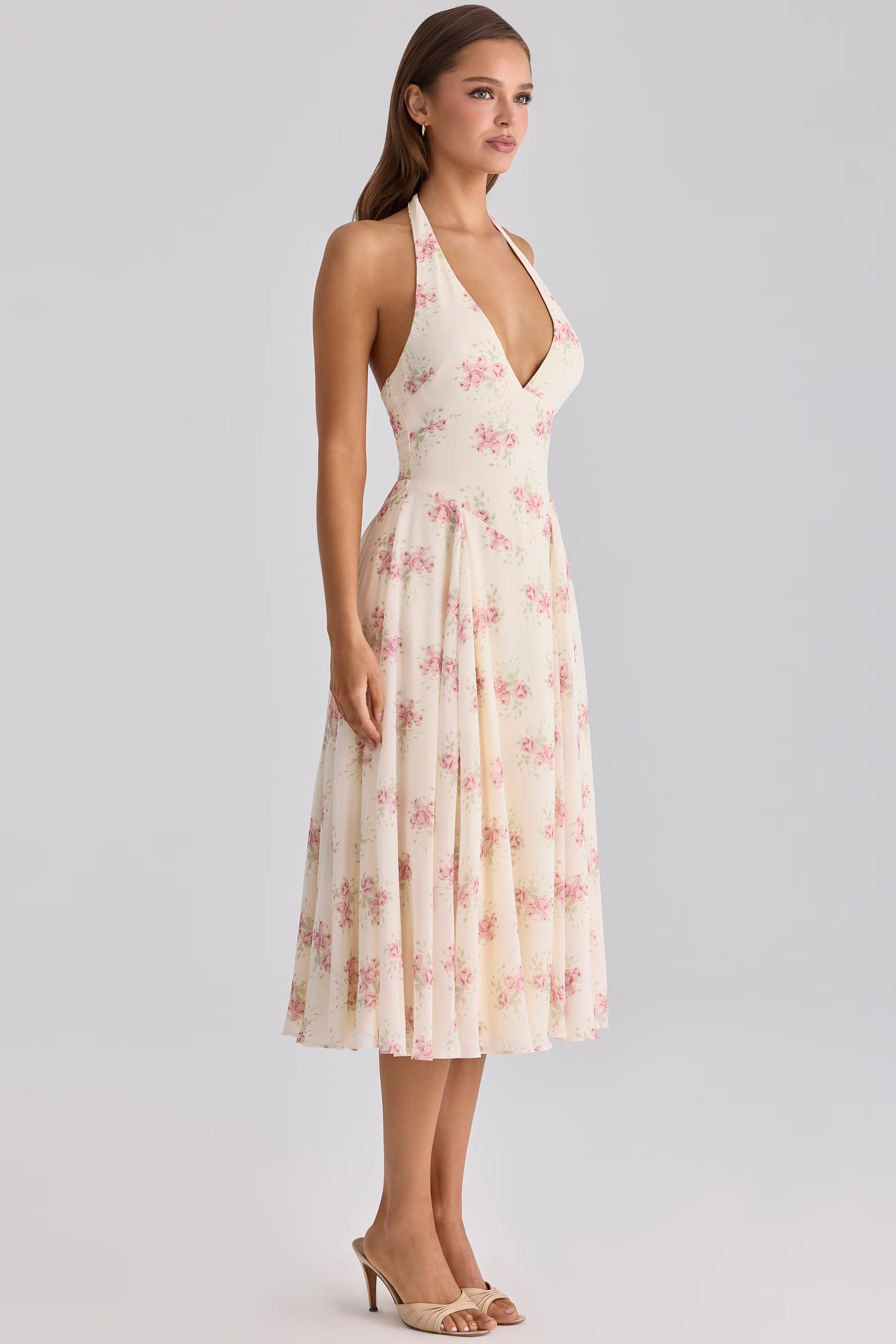 Solada ivory vintage rose print georgette midi halter dress