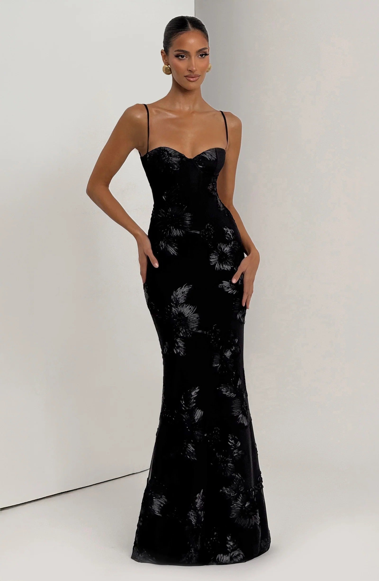 Floral Bustier Strappy Back Maxi Dress Black