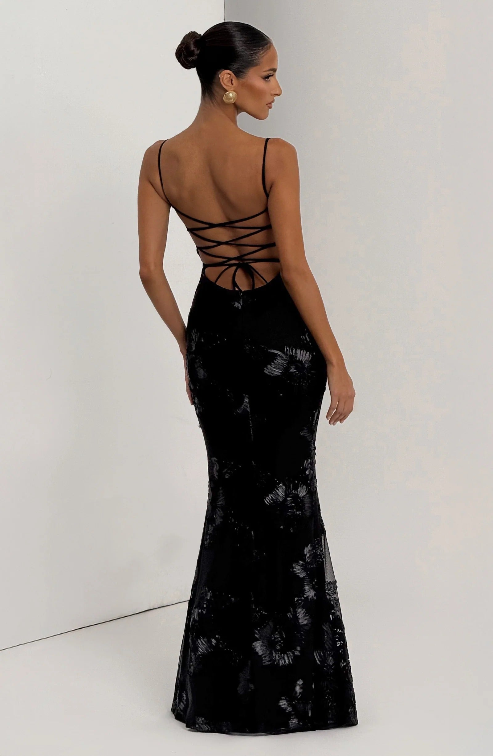 Floral Bustier Strappy Back Maxi Dress Black